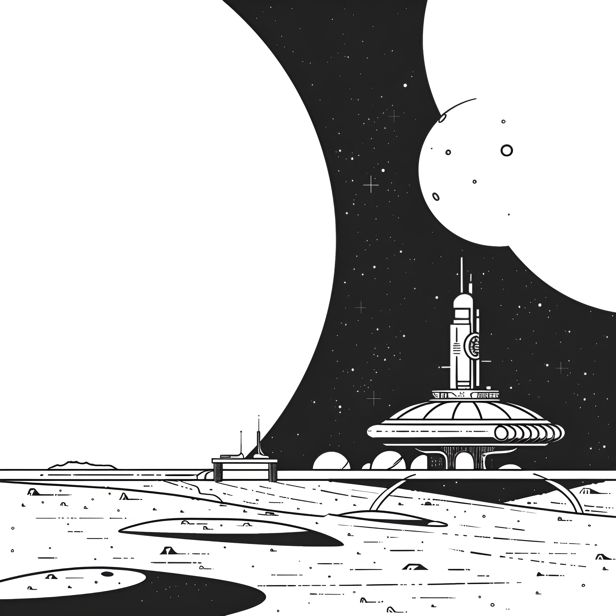 Creative futuristic spacecraft and lunar landscape Drawing Idea (free black-and-white line drawing printable PDF for all, from beginners to advanced learners, including children, teens, adults, and seniors)