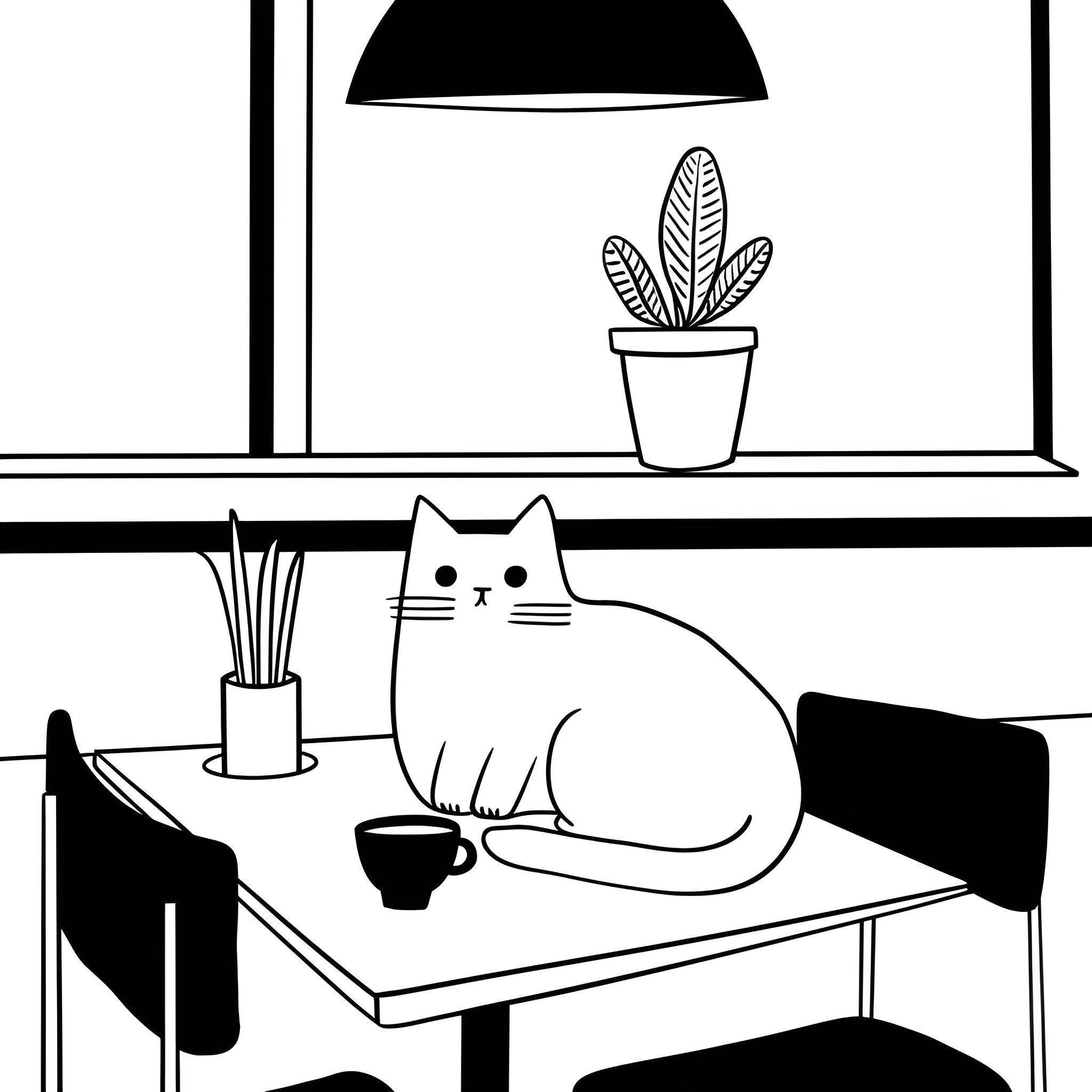 Anime cat relaxing in cozy home interior Drawing Idea (free black-and-white line drawing printable PDF for all, from beginners to advanced learners, including children, teens, adults, and seniors)