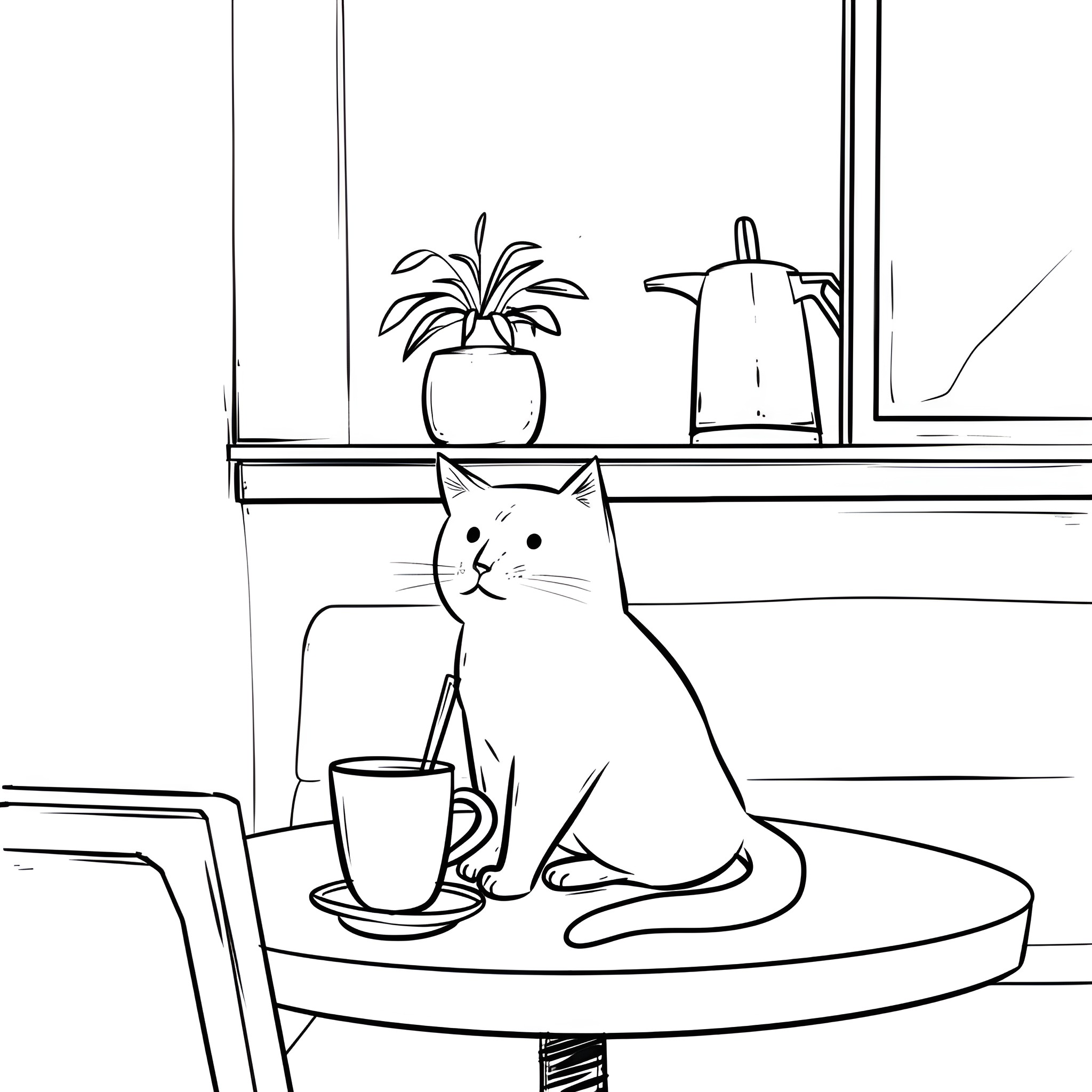 Anime cat relaxing on table with houseplant Drawing Idea (free black-and-white line drawing printable PDF for all, from beginners to advanced learners, including children, teens, adults, and seniors)