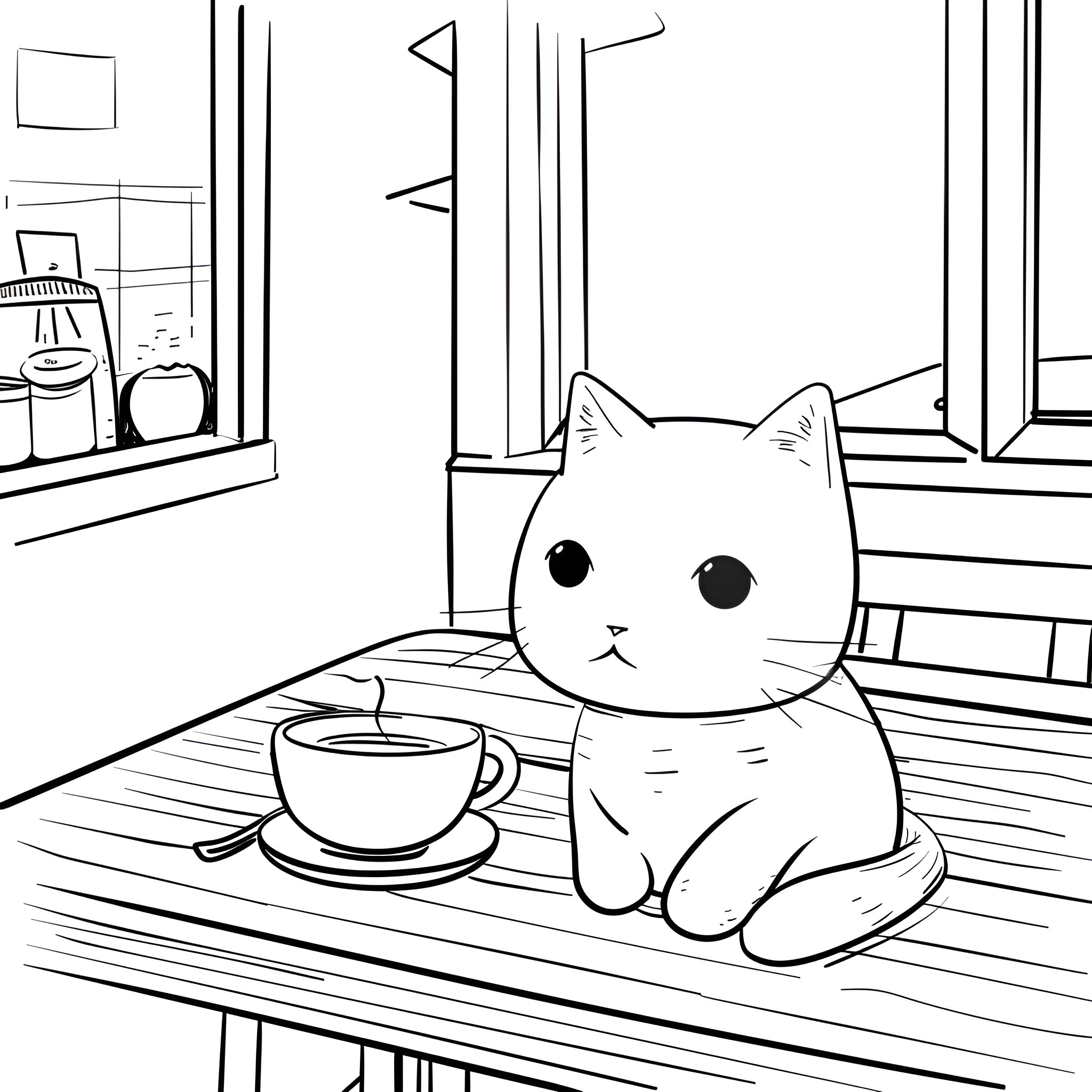 Anime Cute Cat Relaxing with Hot Drink Drawing Idea (free black-and-white line drawing printable PDF for all, from beginners to advanced learners, including children, teens, adults, and seniors)