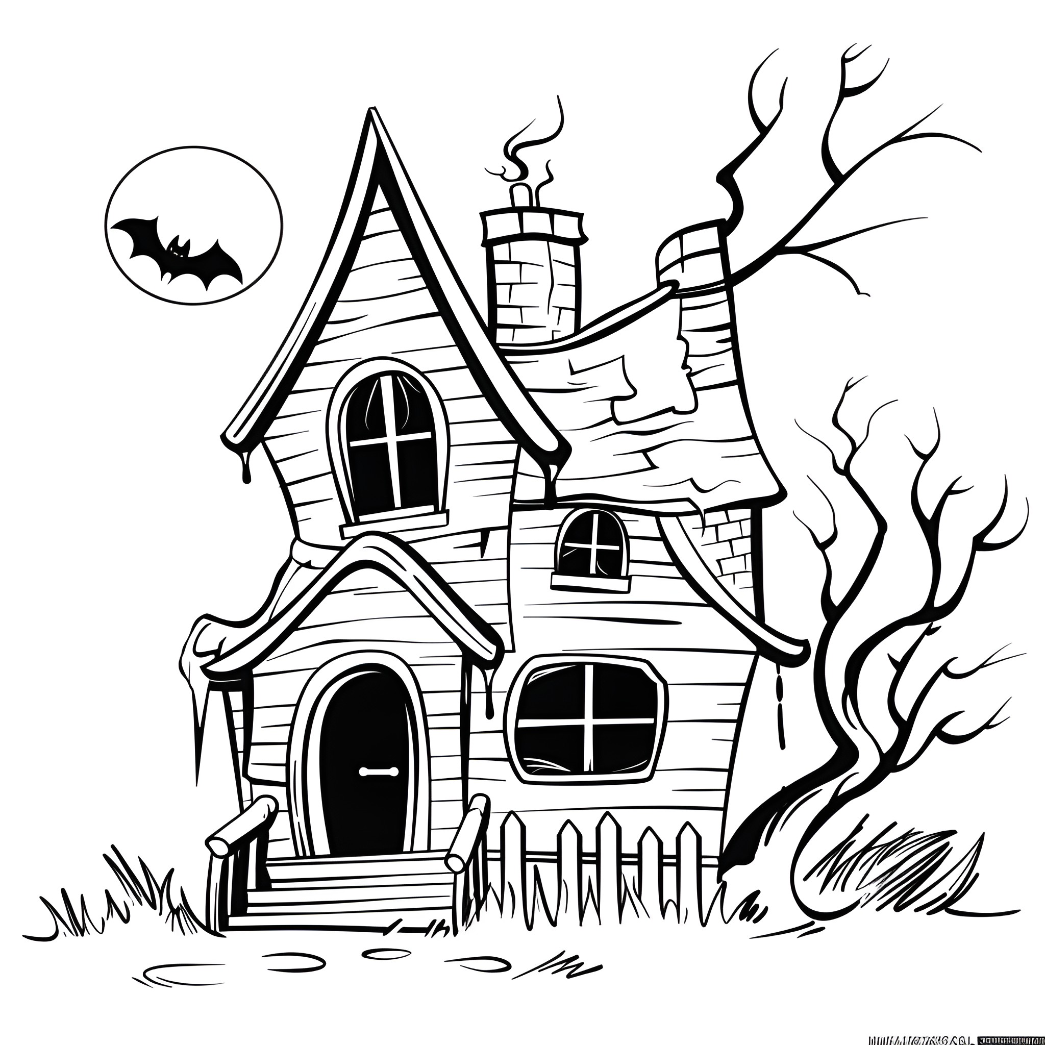 Creative Haunted House in Spooky Night Scene Drawing Idea (free black-and-white line drawing printable PDF for all, from beginners to advanced learners, including children, teens, adults, and seniors)