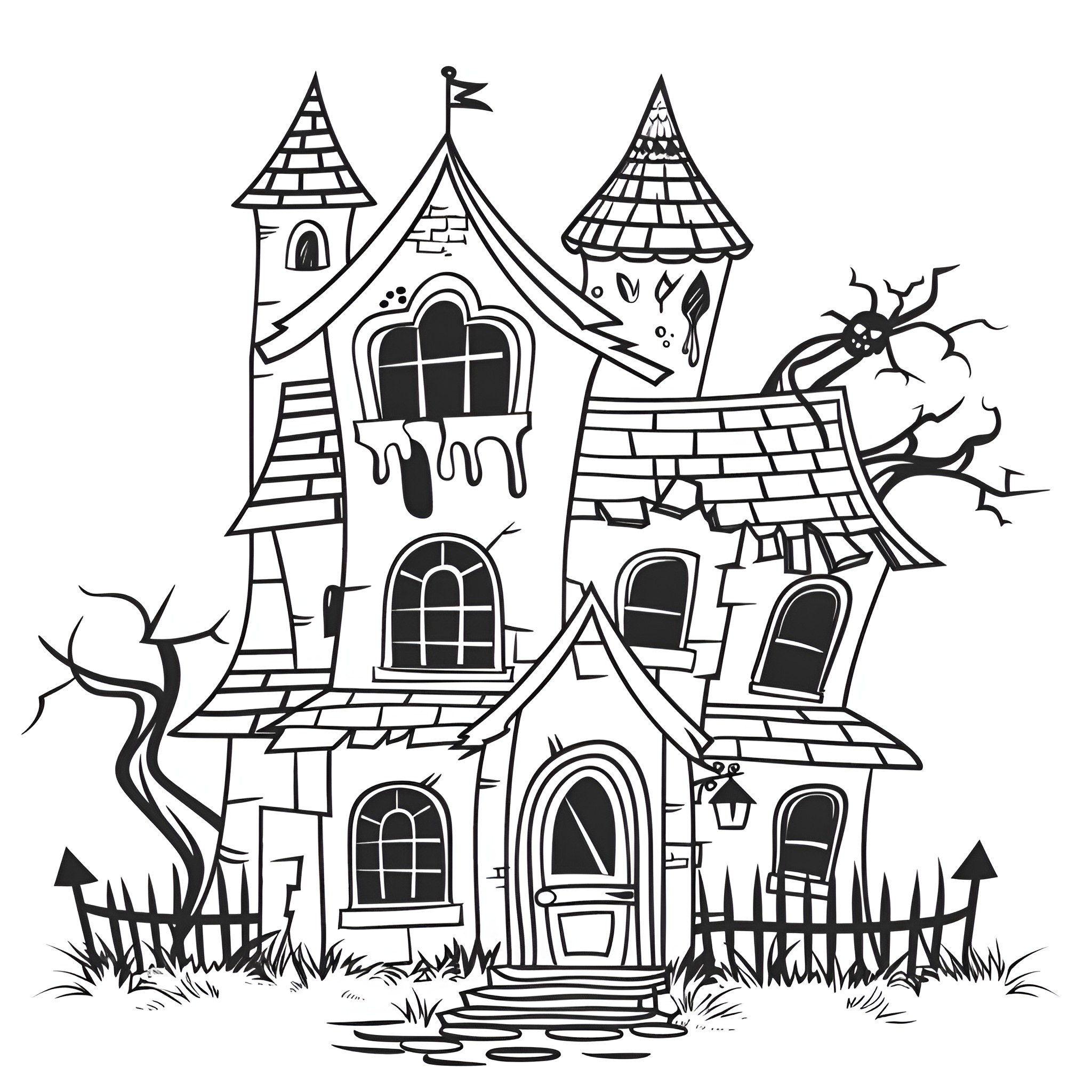 Creative haunted house with spooky details Drawing Idea (free black-and-white line drawing printable PDF for all, from beginners to advanced learners, including children, teens, adults, and seniors)