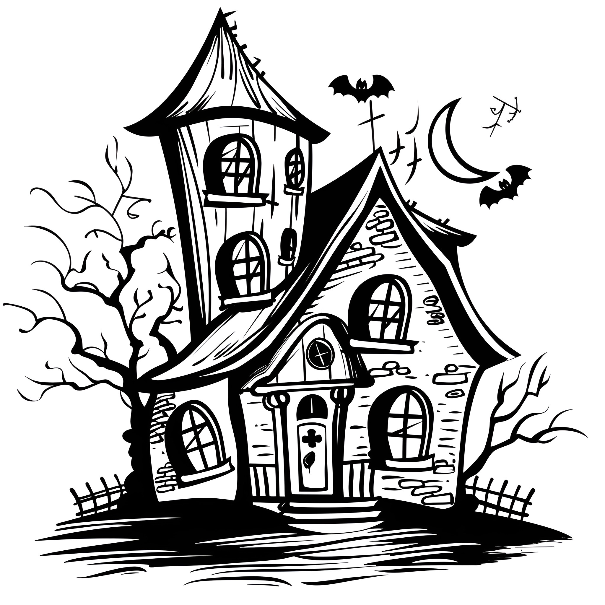 Creative Haunting House with Spooky Details Drawing Idea (free black-and-white line drawing printable PDF for all, from beginners to advanced learners, including children, teens, adults, and seniors)