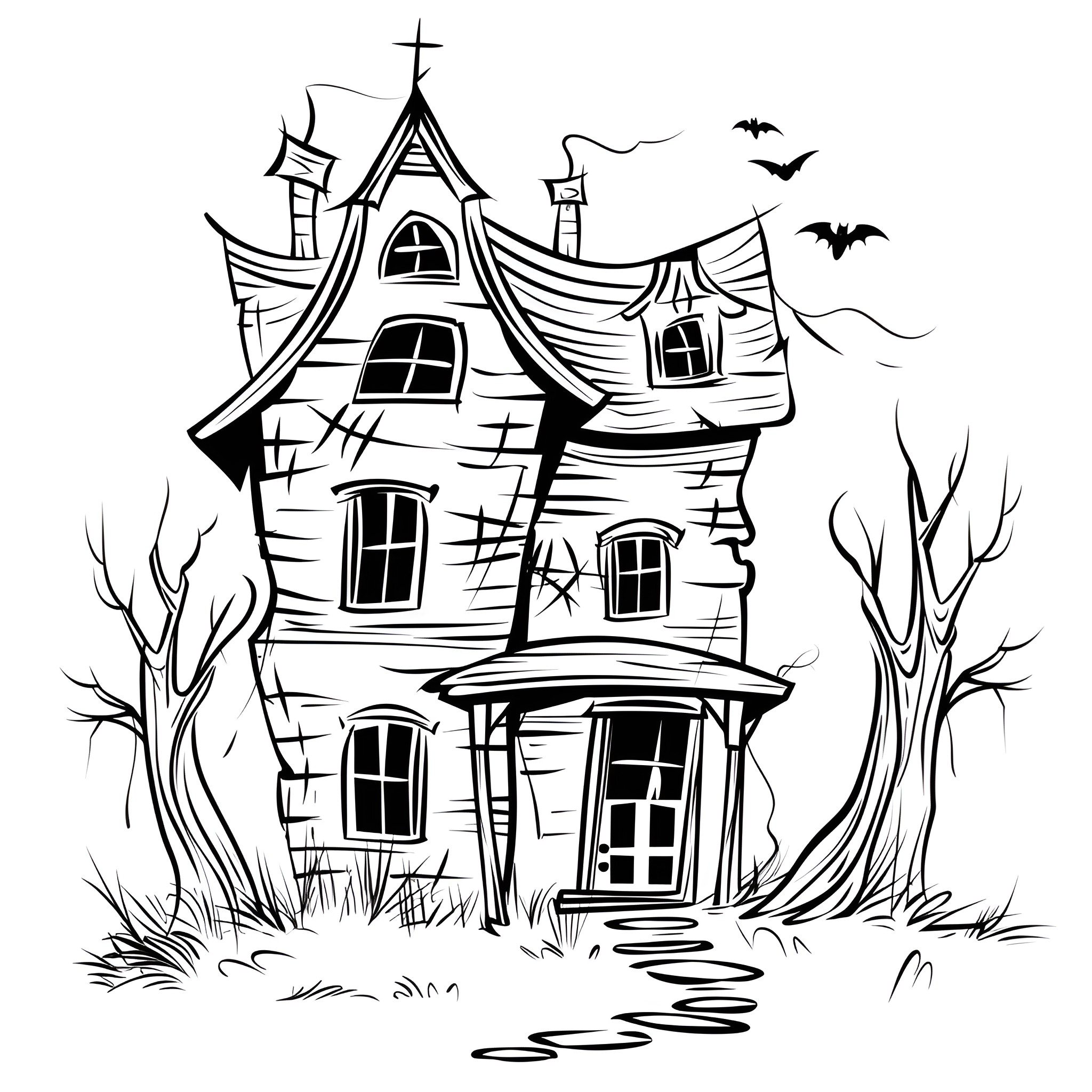 Creative Haunted House Illustration Drawing Idea (free black-and-white line drawing printable PDF for all, from beginners to advanced learners, including children, teens, adults, and seniors)