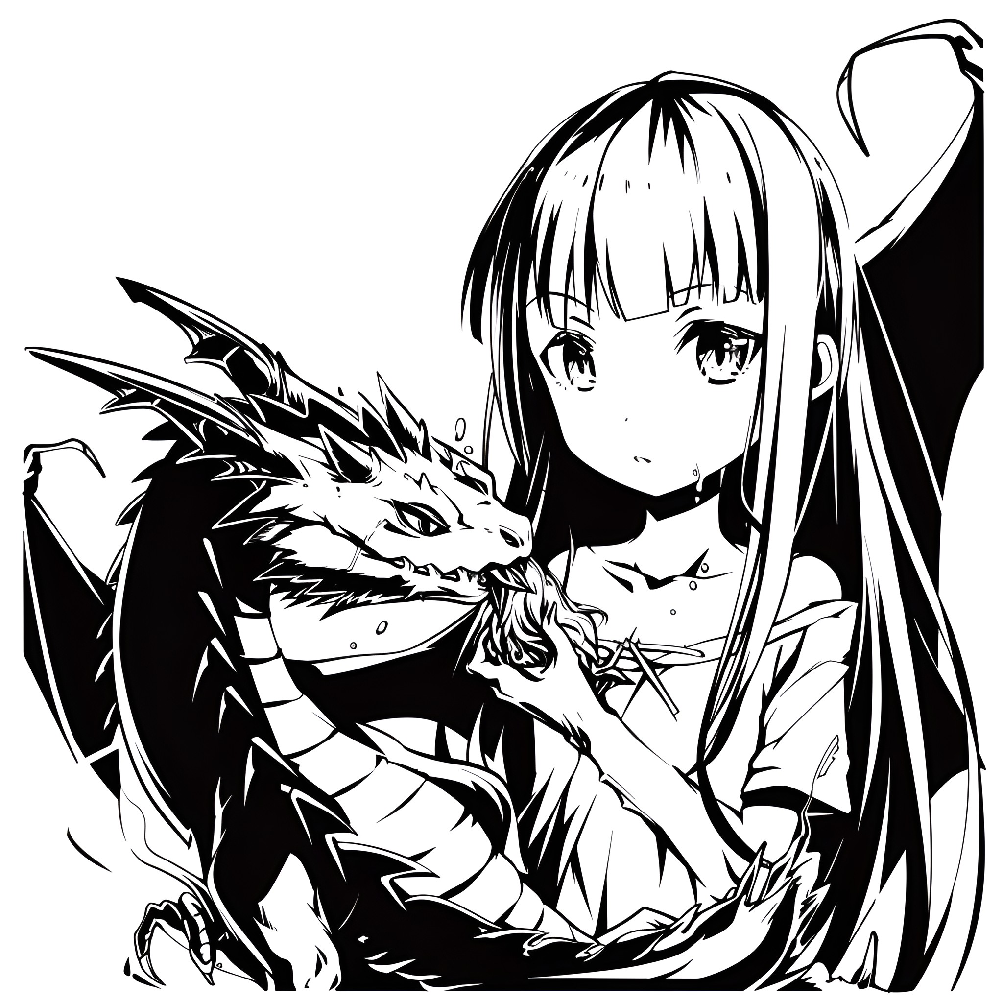 Anime girl with powerful dragon companion Drawing Idea (free black-and-white line drawing printable PDF for all, from beginners to advanced learners, including children, teens, adults, and seniors)