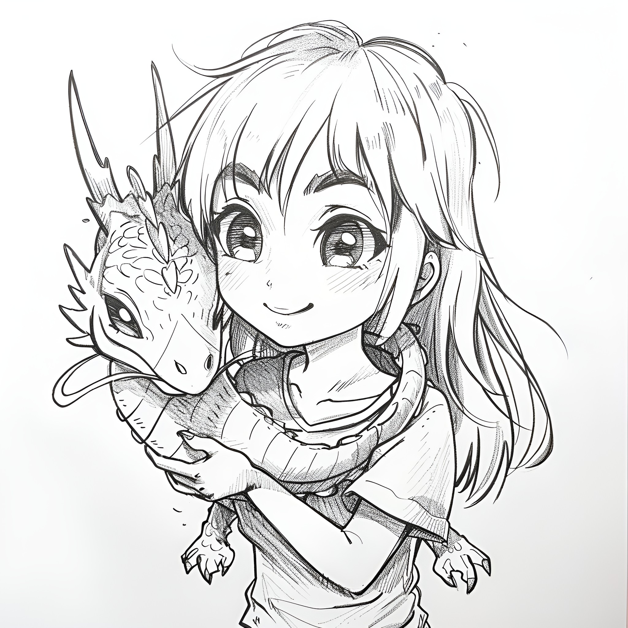 Anime girl hugging dragon companion Drawing Idea (free black-and-white line drawing printable PDF for all, from beginners to advanced learners, including children, teens, adults, and seniors)