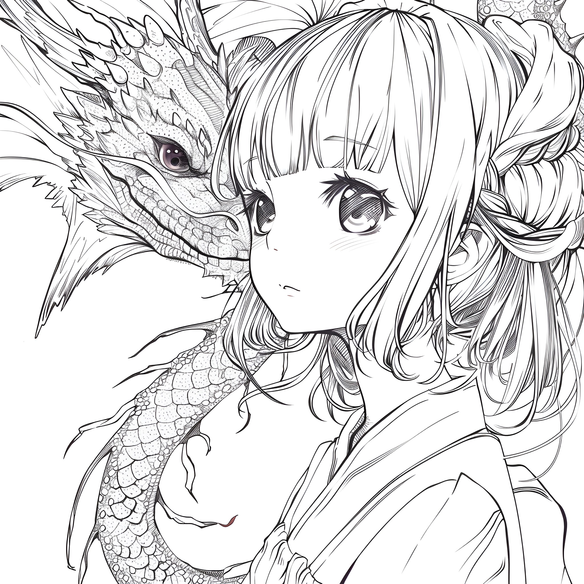 Anime girl with dragon companion Drawing Idea (free black-and-white line drawing printable PDF for all, from beginners to advanced learners, including children, teens, adults, and seniors)