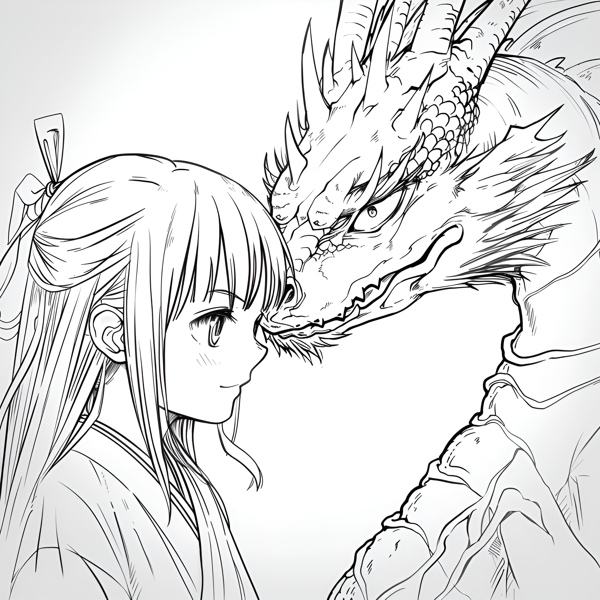 Anime girl and fierce dragon Drawing Idea (free black-and-white line drawing printable PDF for all, from beginners to advanced learners, including children, teens, adults, and seniors)