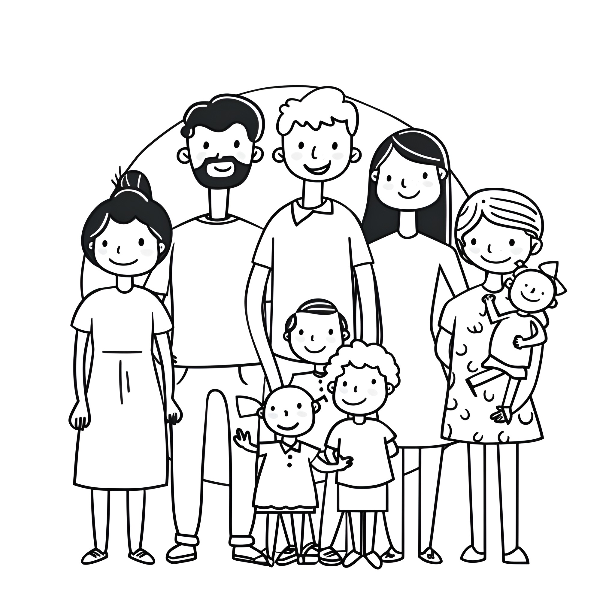 Creative Family Gathering in Black and White Drawing Idea (free black-and-white line drawing printable PDF for all, from beginners to advanced learners, including children, teens, adults, and seniors)