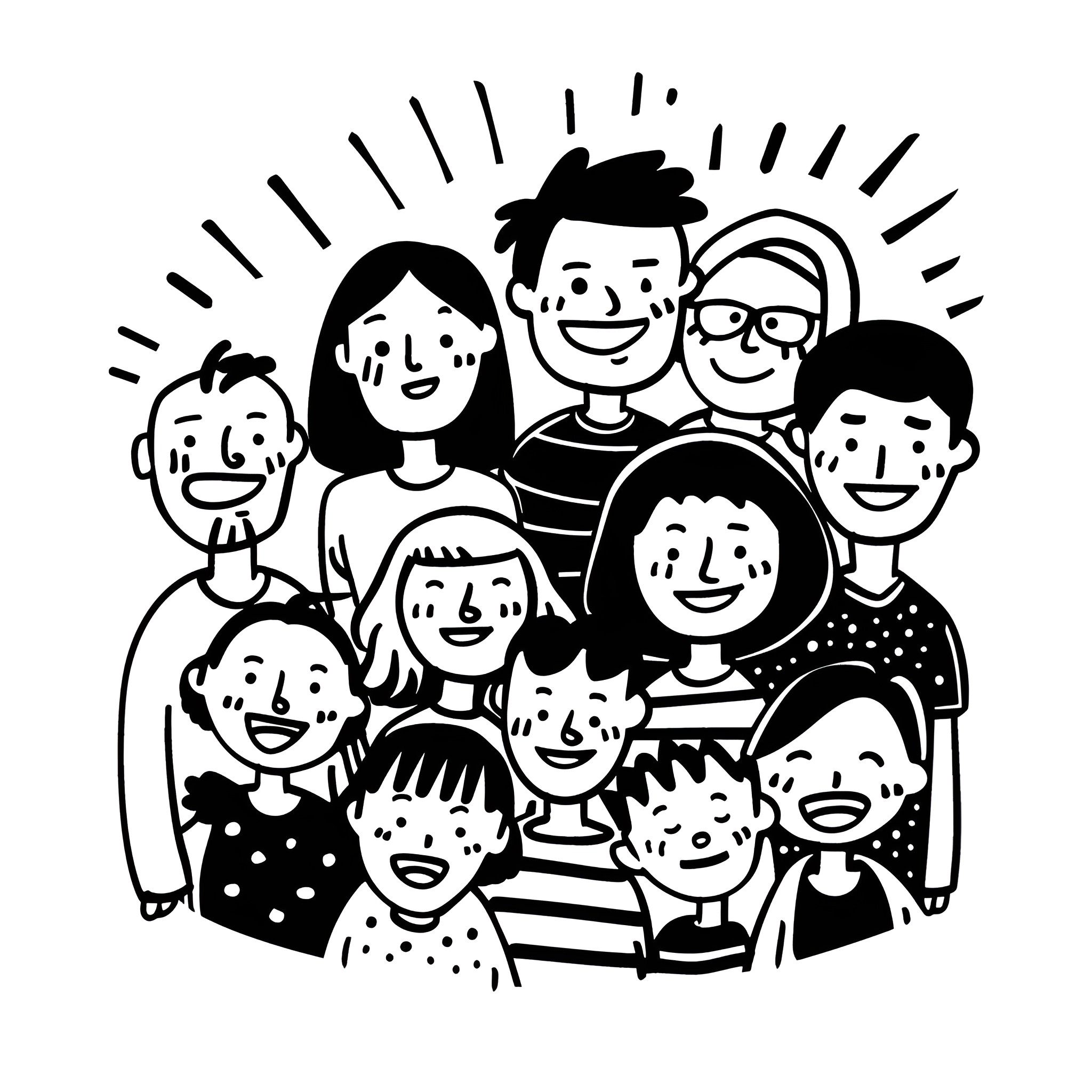 Creative Community Celebration with Expressive Characters Drawing Idea (free black-and-white line drawing printable PDF for all, from beginners to advanced learners, including children, teens, adults, and seniors)