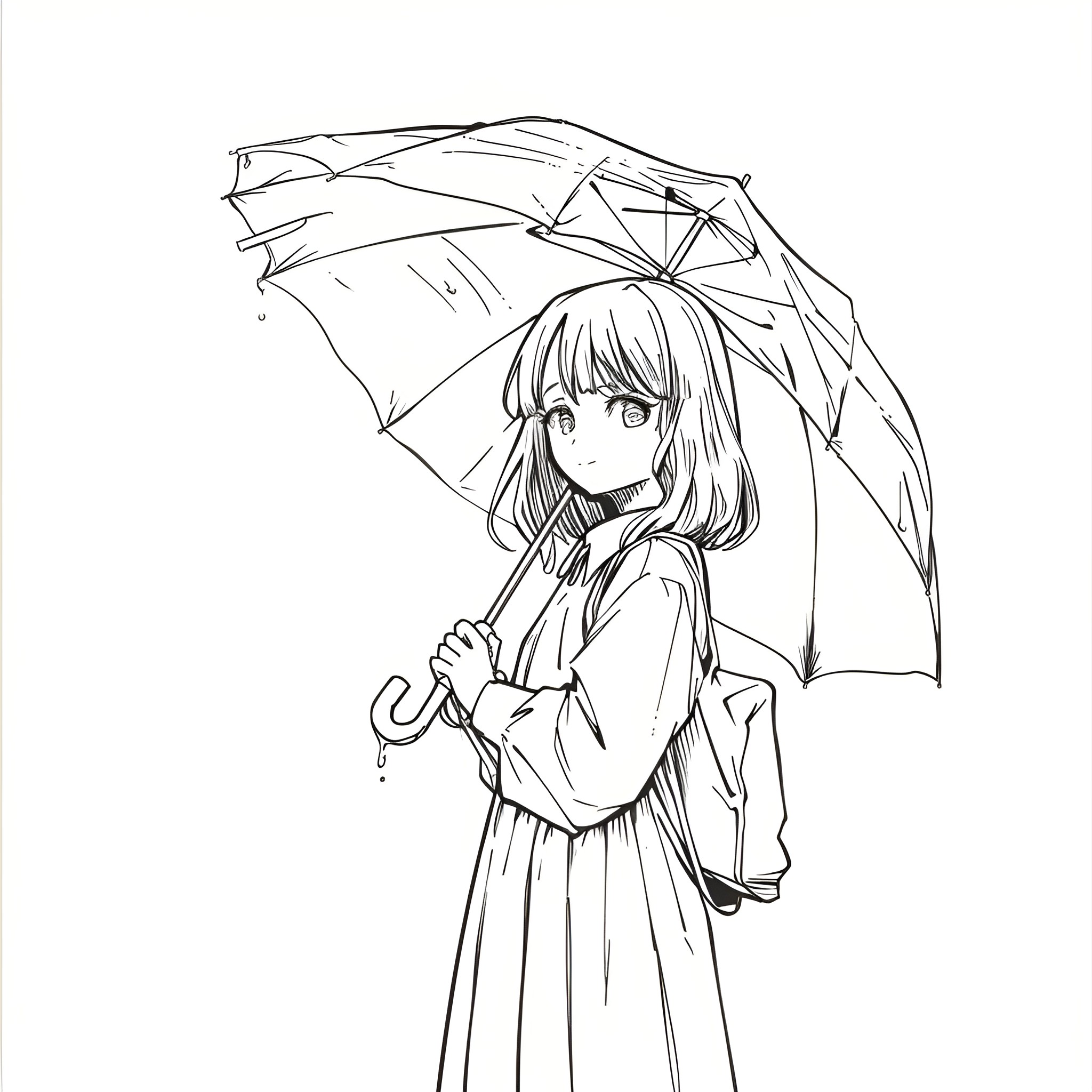 Anime girl with umbrella in pensive pose Drawing Idea (free black-and-white line drawing printable PDF for all, from beginners to advanced learners, including children, teens, adults, and seniors)