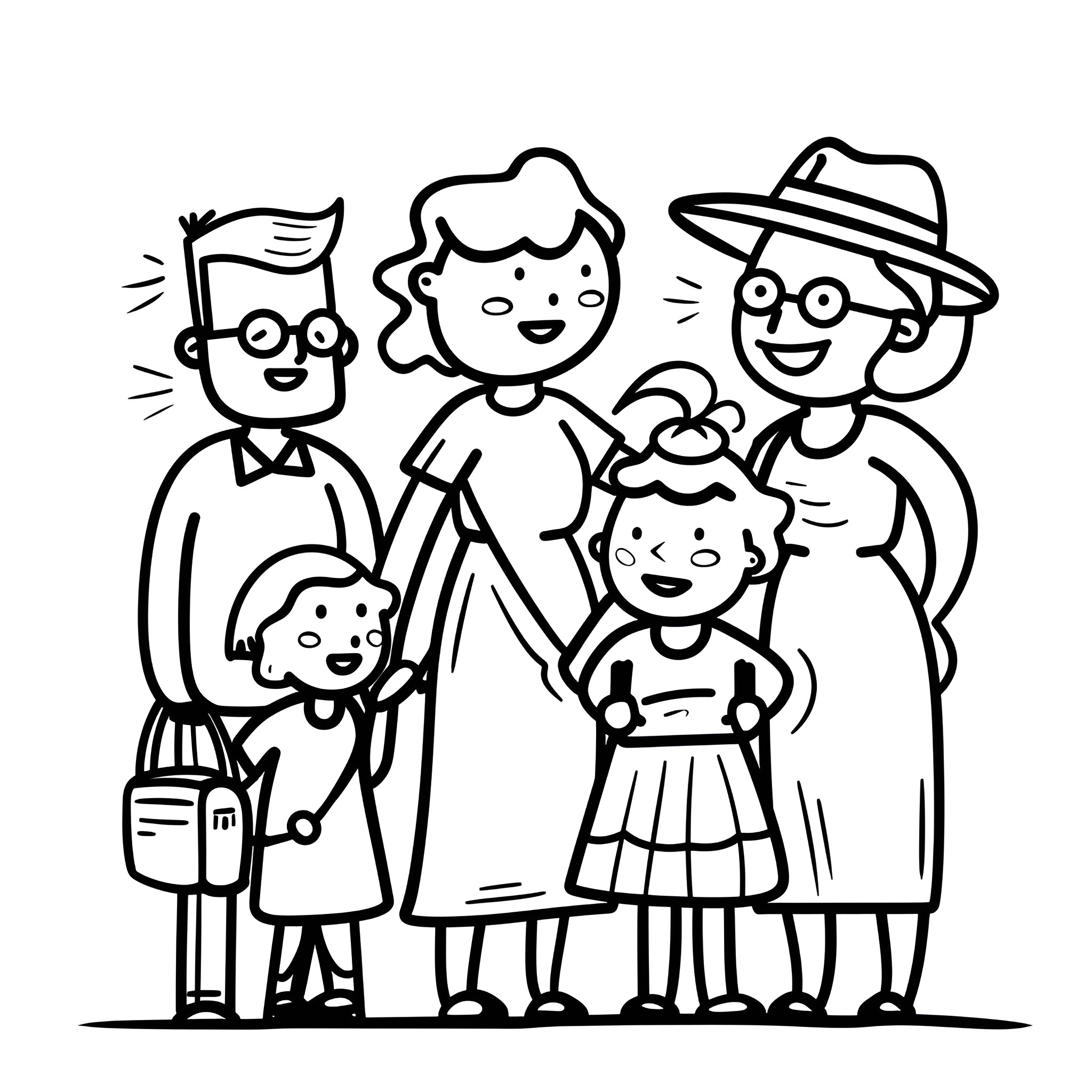 Creative Family with Expressive Poses Drawing Idea (free black-and-white line drawing printable PDF for all, from beginners to advanced learners, including children, teens, adults, and seniors)