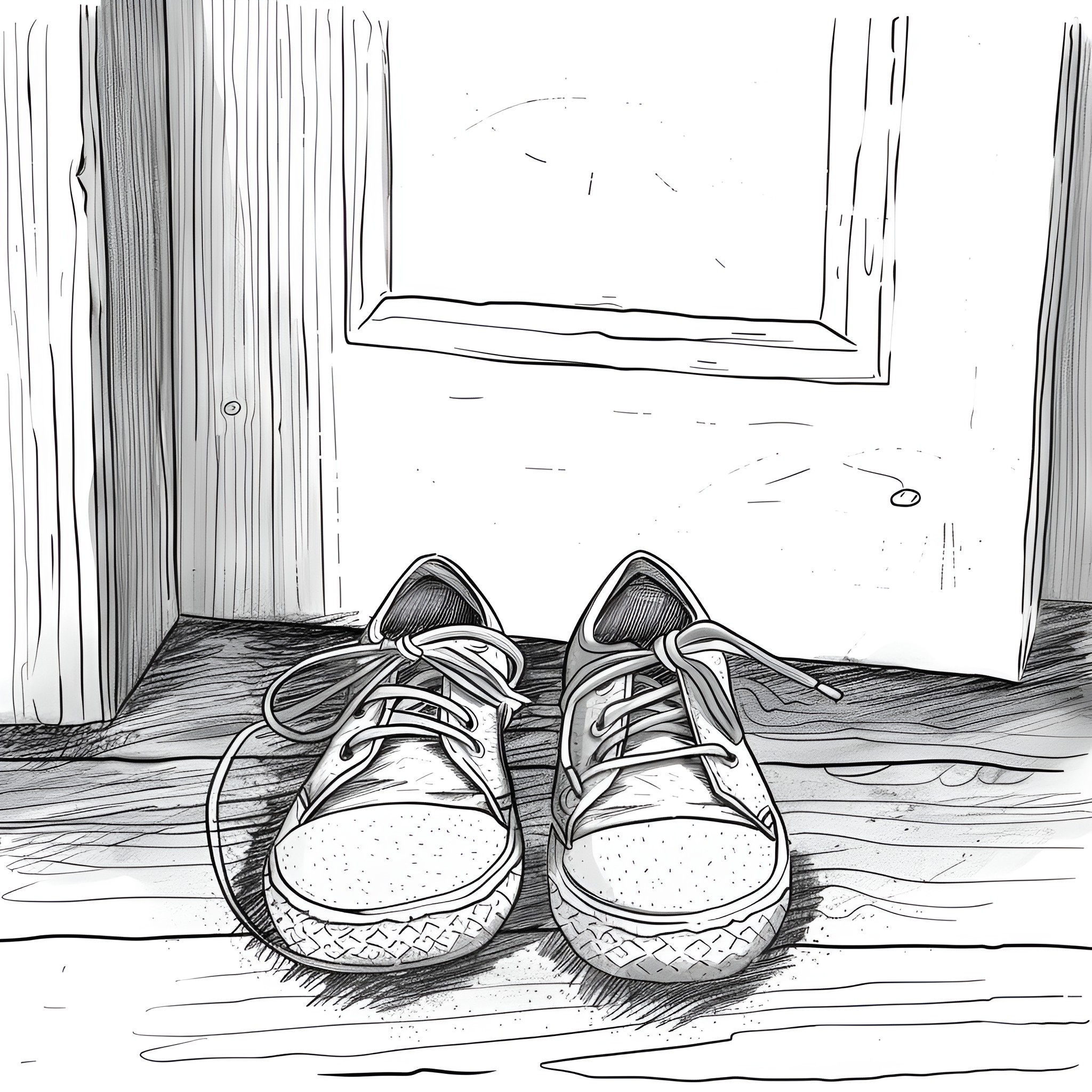 Small worn sneakers by window Drawing Idea (free black-and-white line drawing printable PDF for all, from beginners to advanced learners, including children, teens, adults, and seniors)