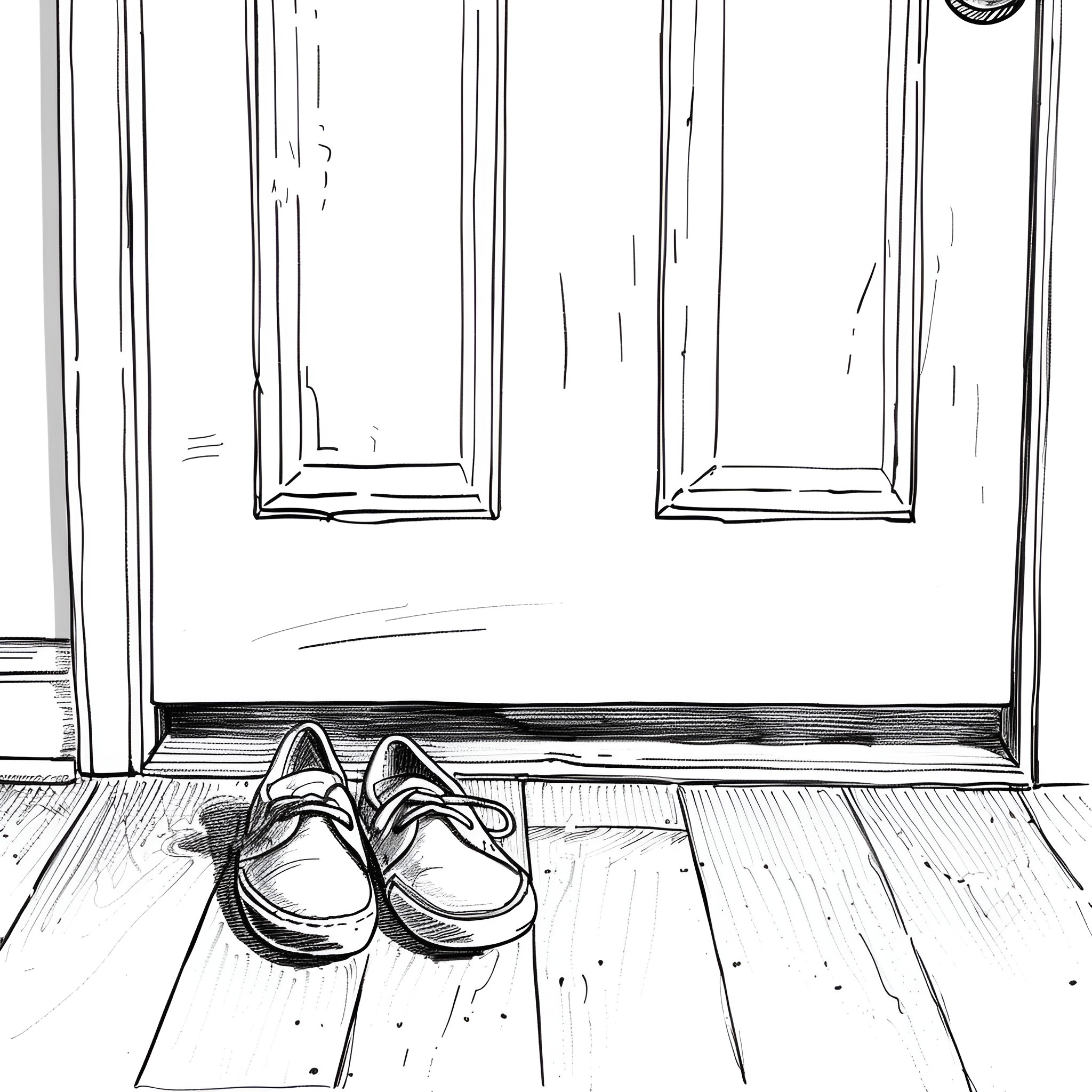 Small pair of shoes by door Drawing Idea (free black-and-white line drawing printable PDF for all, from beginners to advanced learners, including children, teens, adults, and seniors)