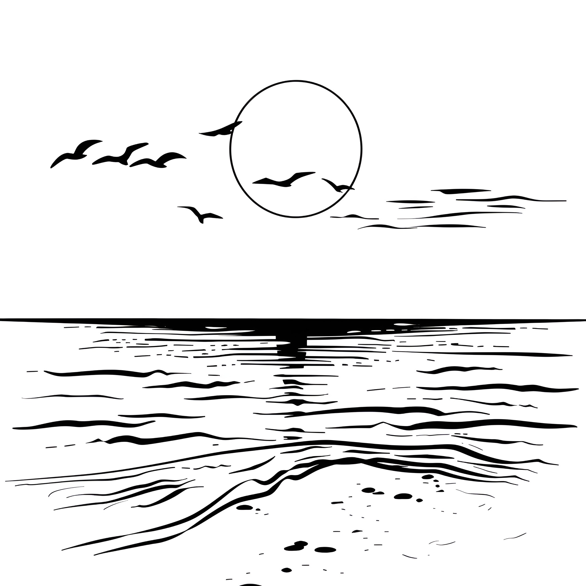 Creative Seascape with Moon and Birds Drawing Idea (free black-and-white line drawing printable PDF for all, from beginners to advanced learners, including children, teens, adults, and seniors)