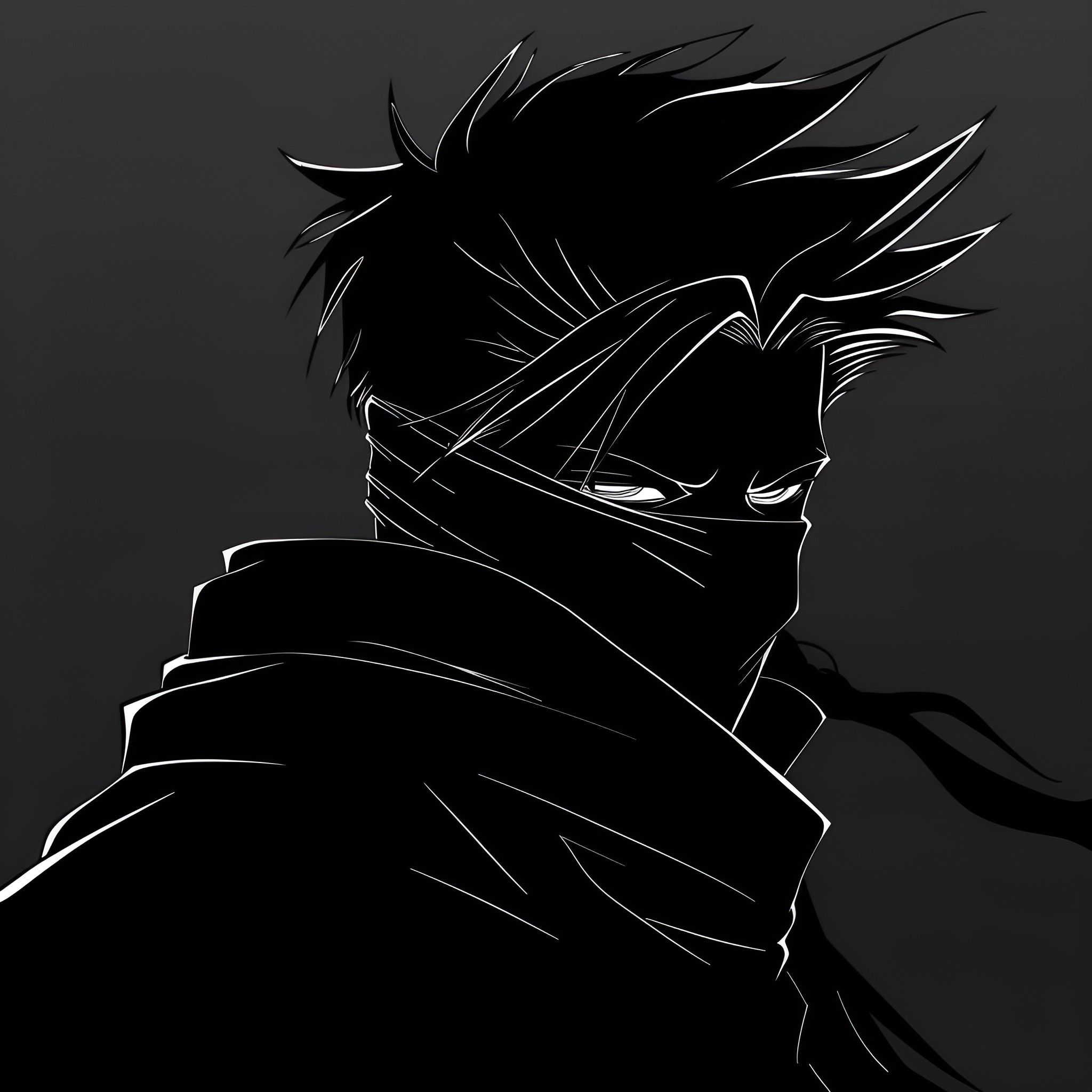 Anime Ninja Warrior in Shadows Drawing Idea (free black-and-white line drawing printable PDF for all, from beginners to advanced learners, including children, teens, adults, and seniors)