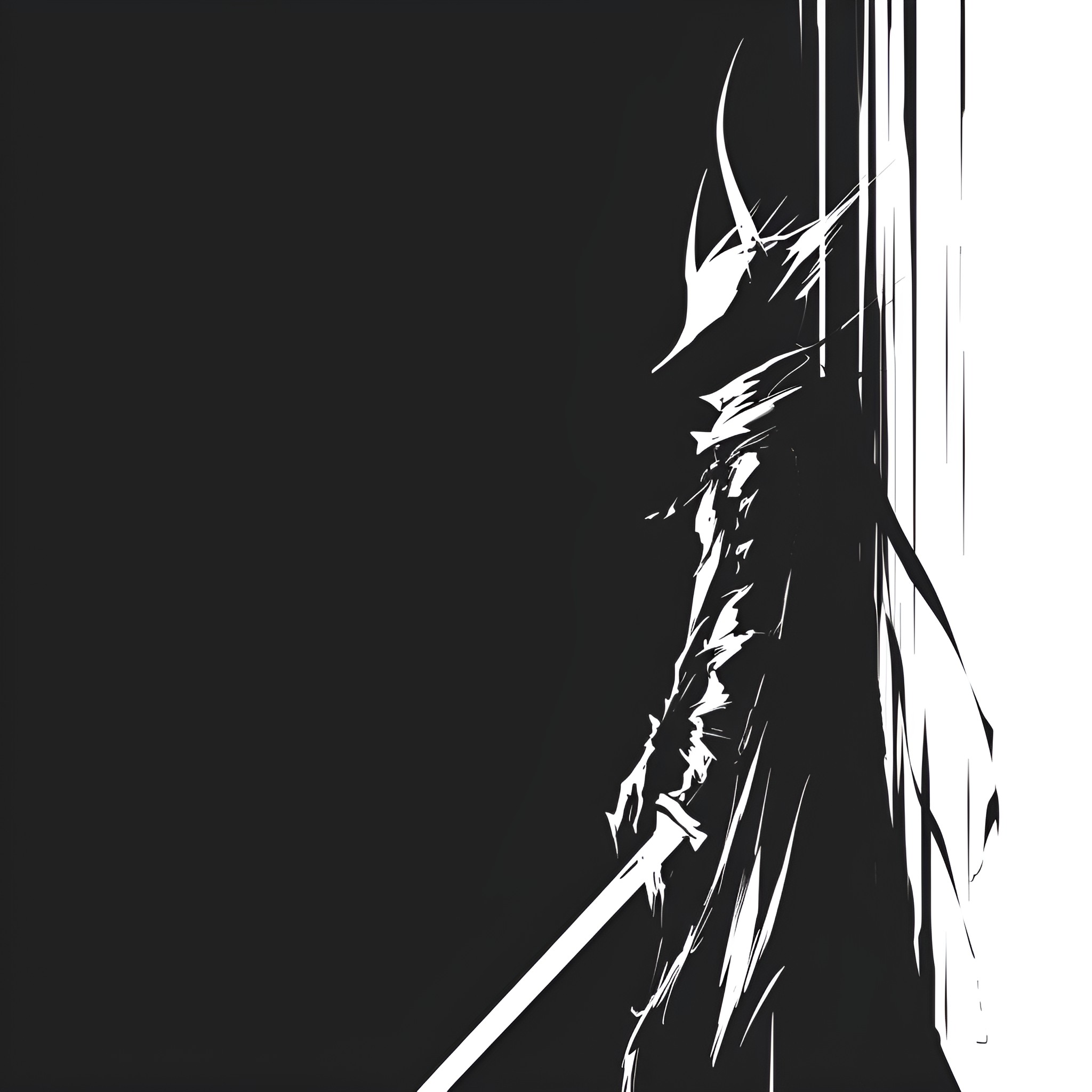 Anime warrior wielding sword in darkness Drawing Idea (free black-and-white line drawing printable PDF for all, from beginners to advanced learners, including children, teens, adults, and seniors)