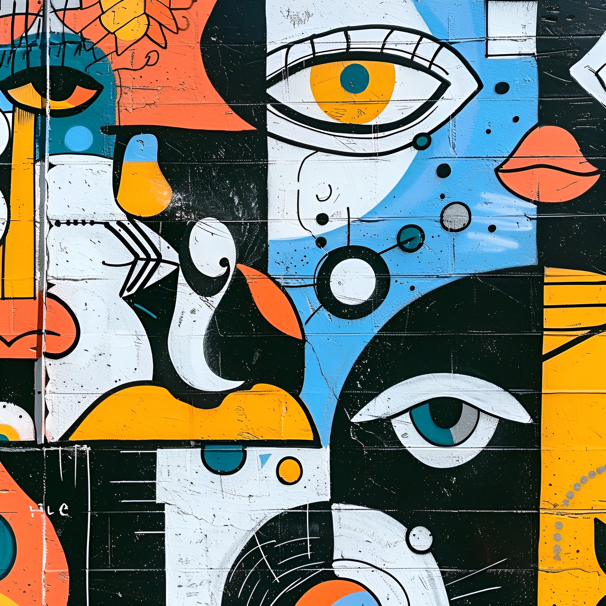 Creative Abstract Mural with Expressive Figures Drawing Idea (free black-and-white line drawing printable PDF for all, from beginners to advanced learners, including children, teens, adults, and seniors)