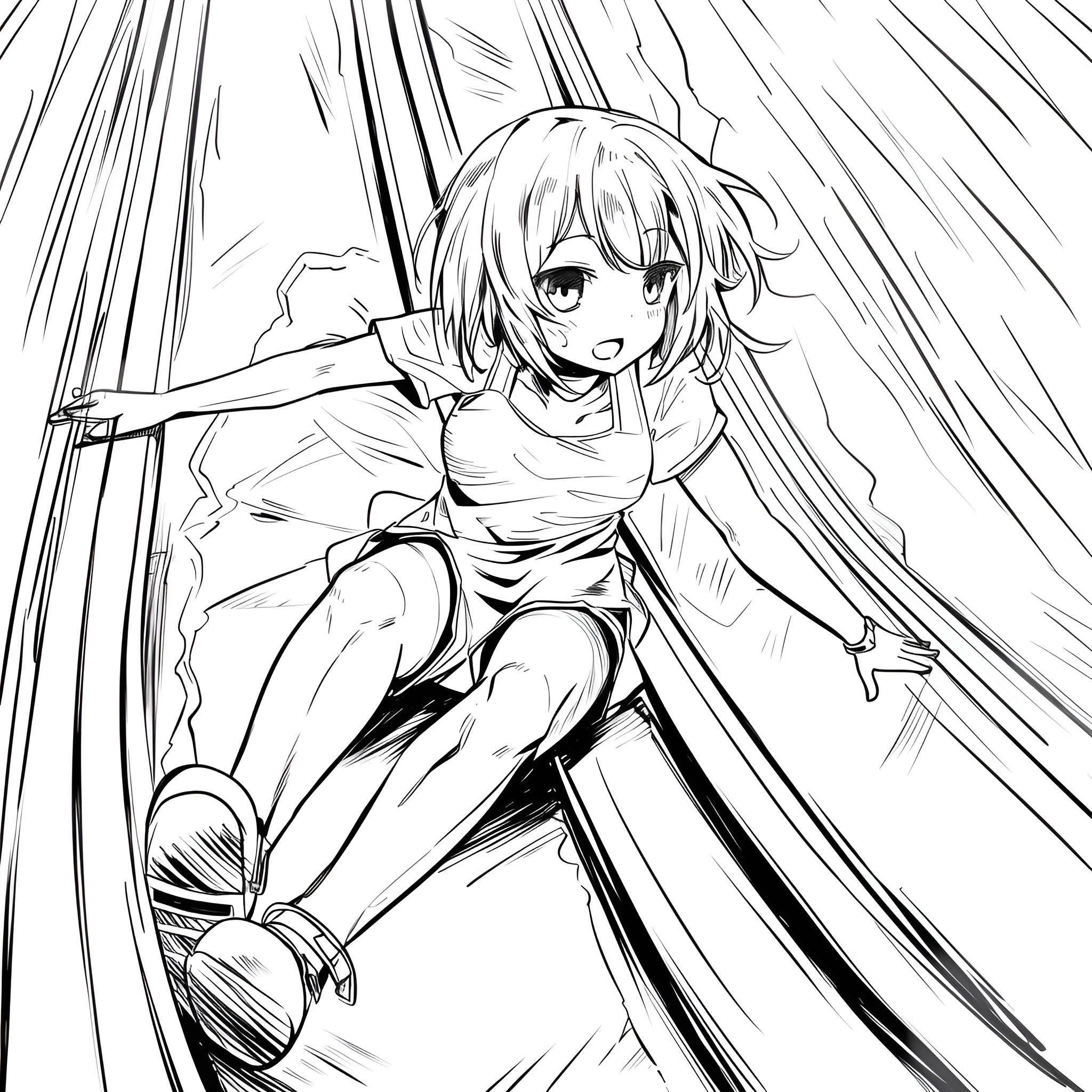 Anime girl soaring through the air Drawing Idea (free black-and-white line drawing printable PDF for all, from beginners to advanced learners, including children, teens, adults, and seniors)