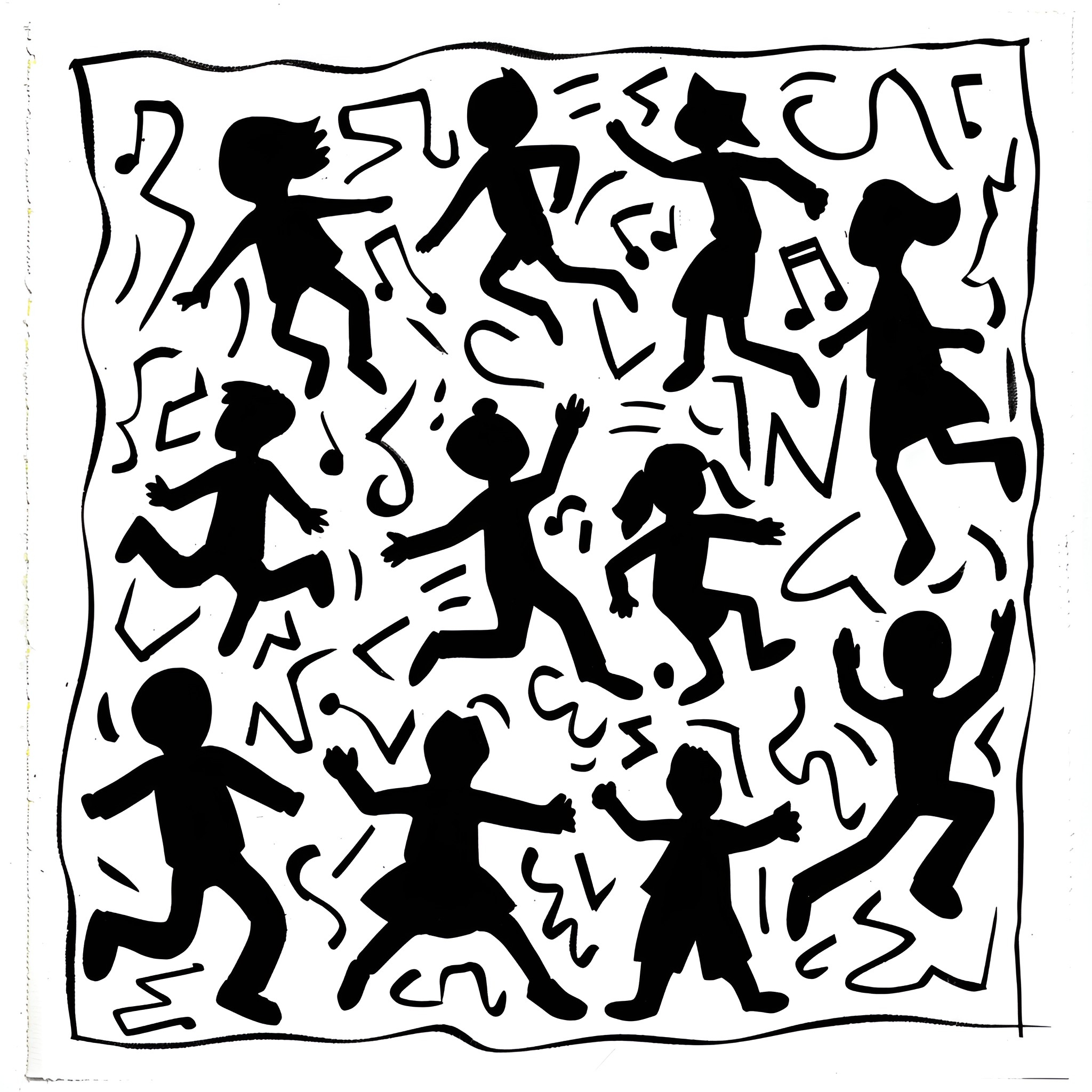 Abstract figures dancing and moving with energy Drawing Idea (free black-and-white line drawing printable PDF for all, from beginners to advanced learners, including children, teens, adults, and seniors)