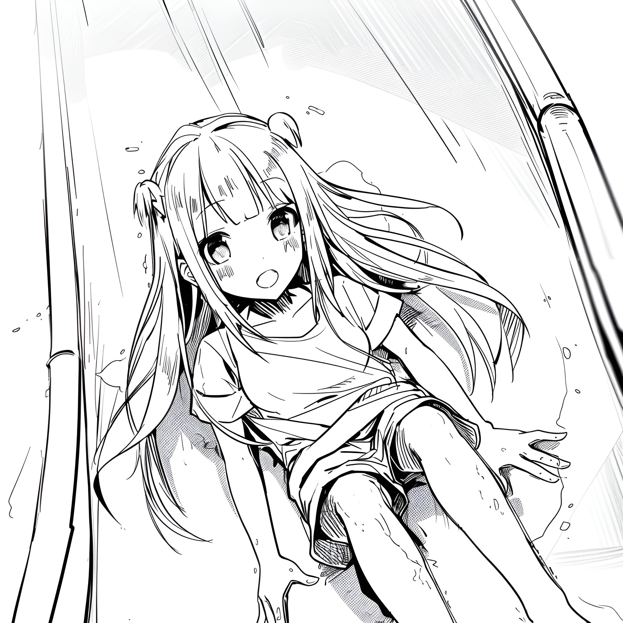 Anime girl in surprised expression with long hair Drawing Idea (free black-and-white line drawing printable PDF for all, from beginners to advanced learners, including children, teens, adults, and seniors)