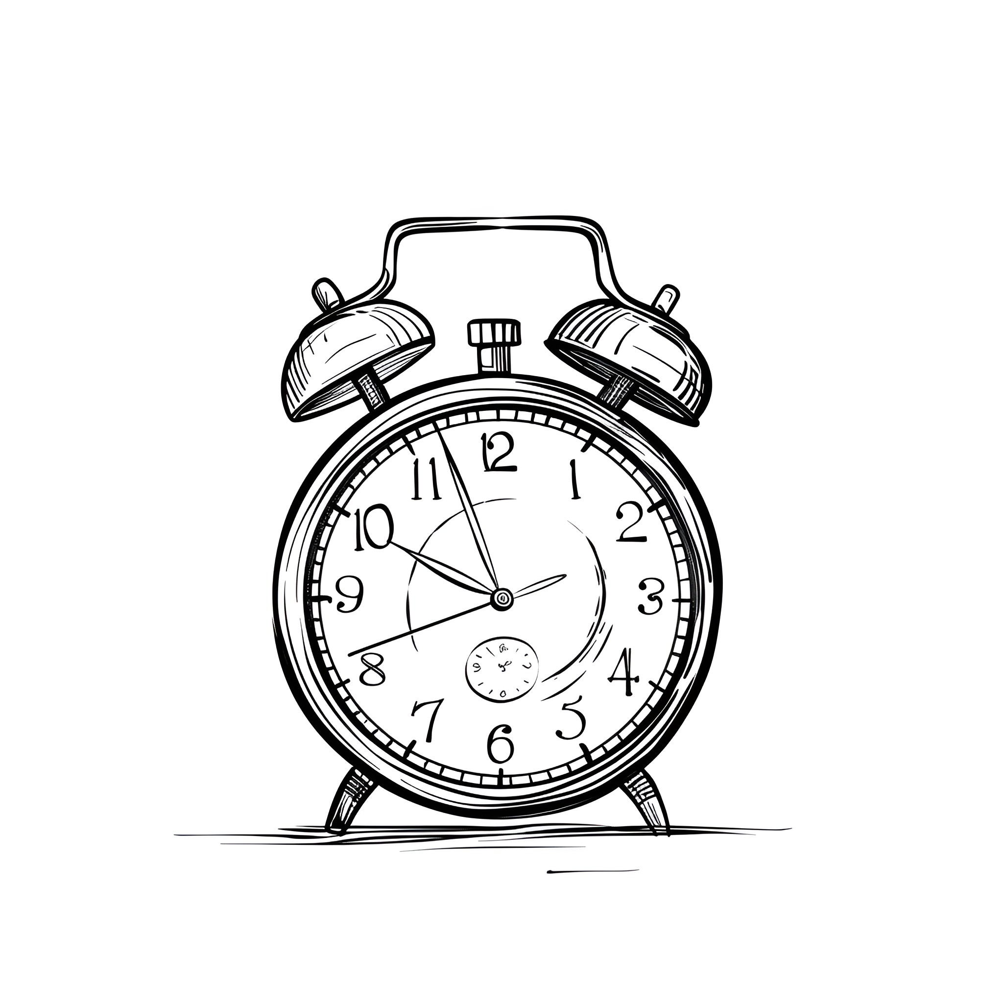 Small Vintage Alarm Clock Drawing Idea (free black-and-white line drawing printable PDF for all, from beginners to advanced learners, including children, teens, adults, and seniors)