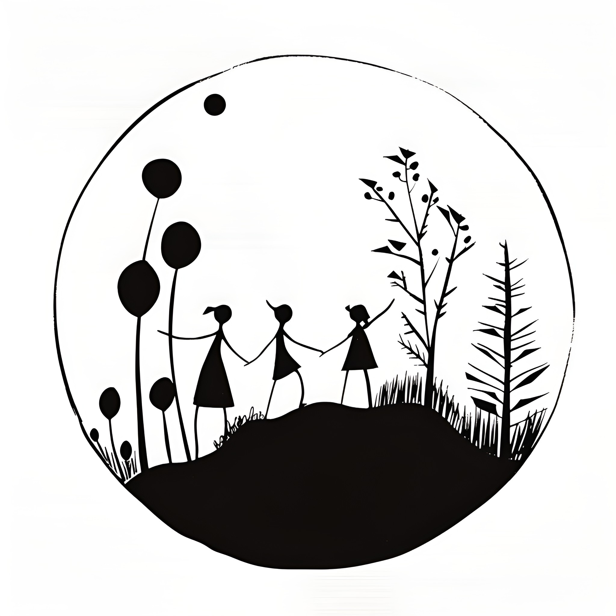 Abstract figures in a serene landscape Drawing Idea (free black-and-white line drawing printable PDF for all, from beginners to advanced learners, including children, teens, adults, and seniors)