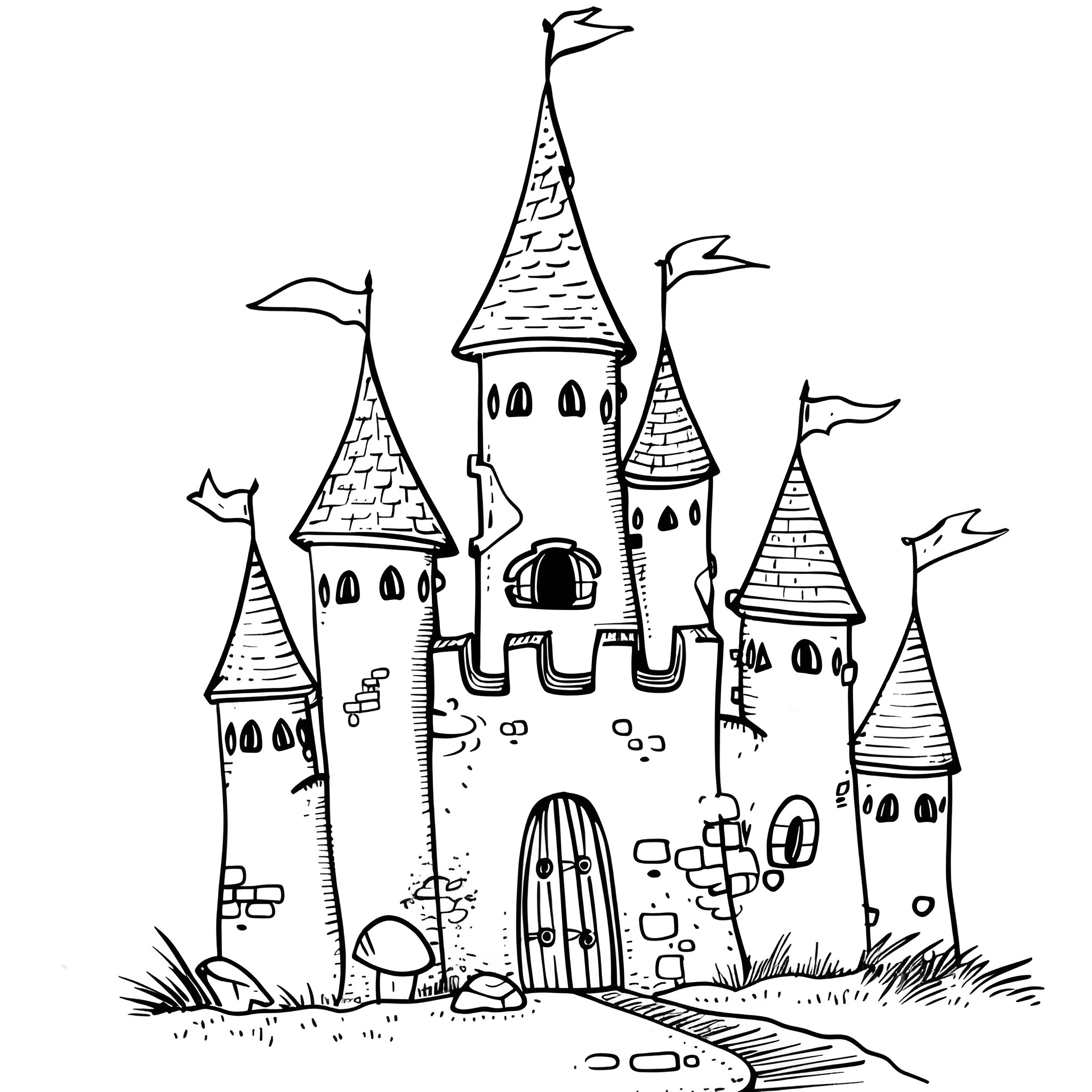 Creative whimsical castle with turrets and flags Drawing Idea (free black-and-white line drawing printable PDF for all, from beginners to advanced learners, including children, teens, adults, and seniors)