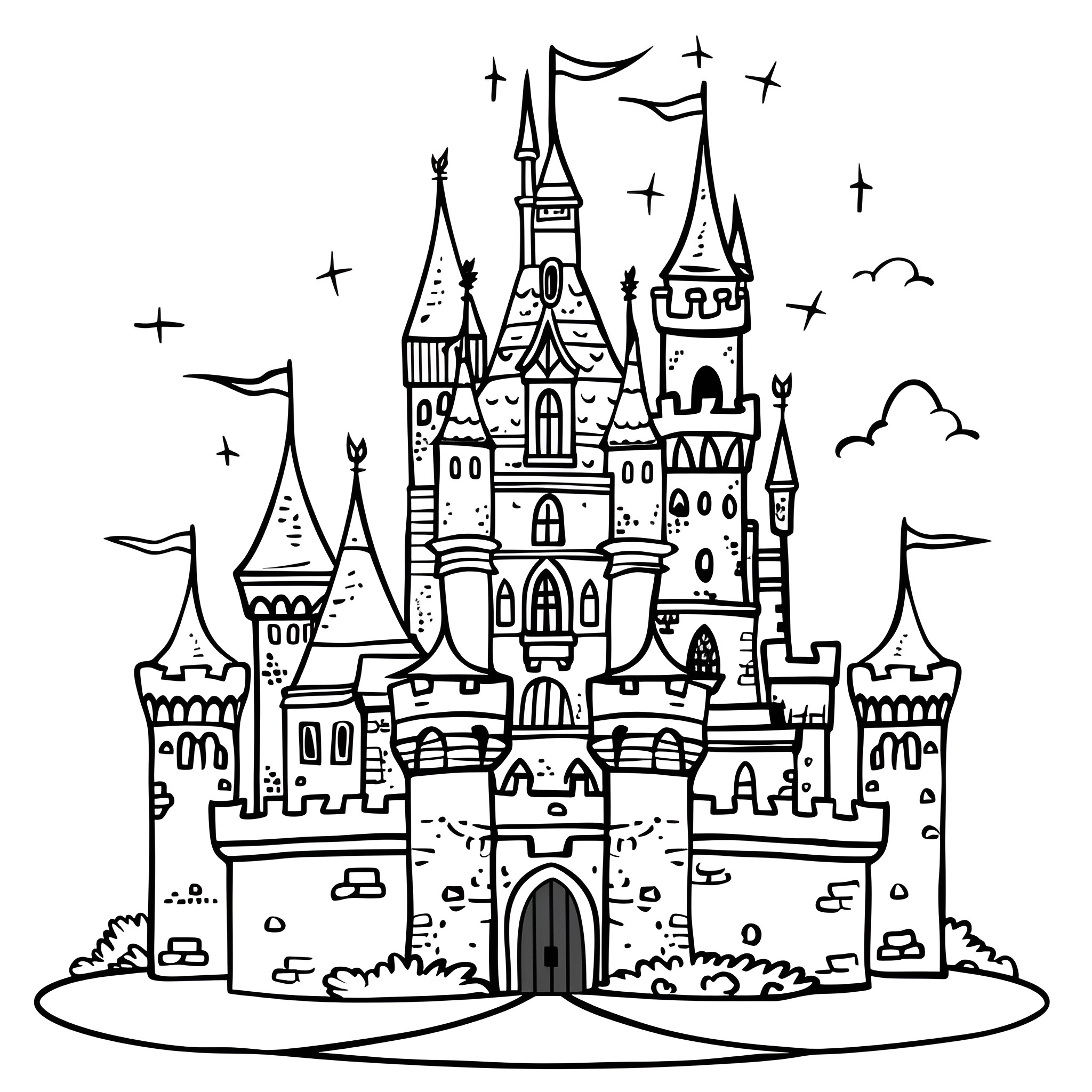 Creative Castle Artwork with Whimsical Details Drawing Idea (free black-and-white line drawing printable PDF for all, from beginners to advanced learners, including children, teens, adults, and seniors)
