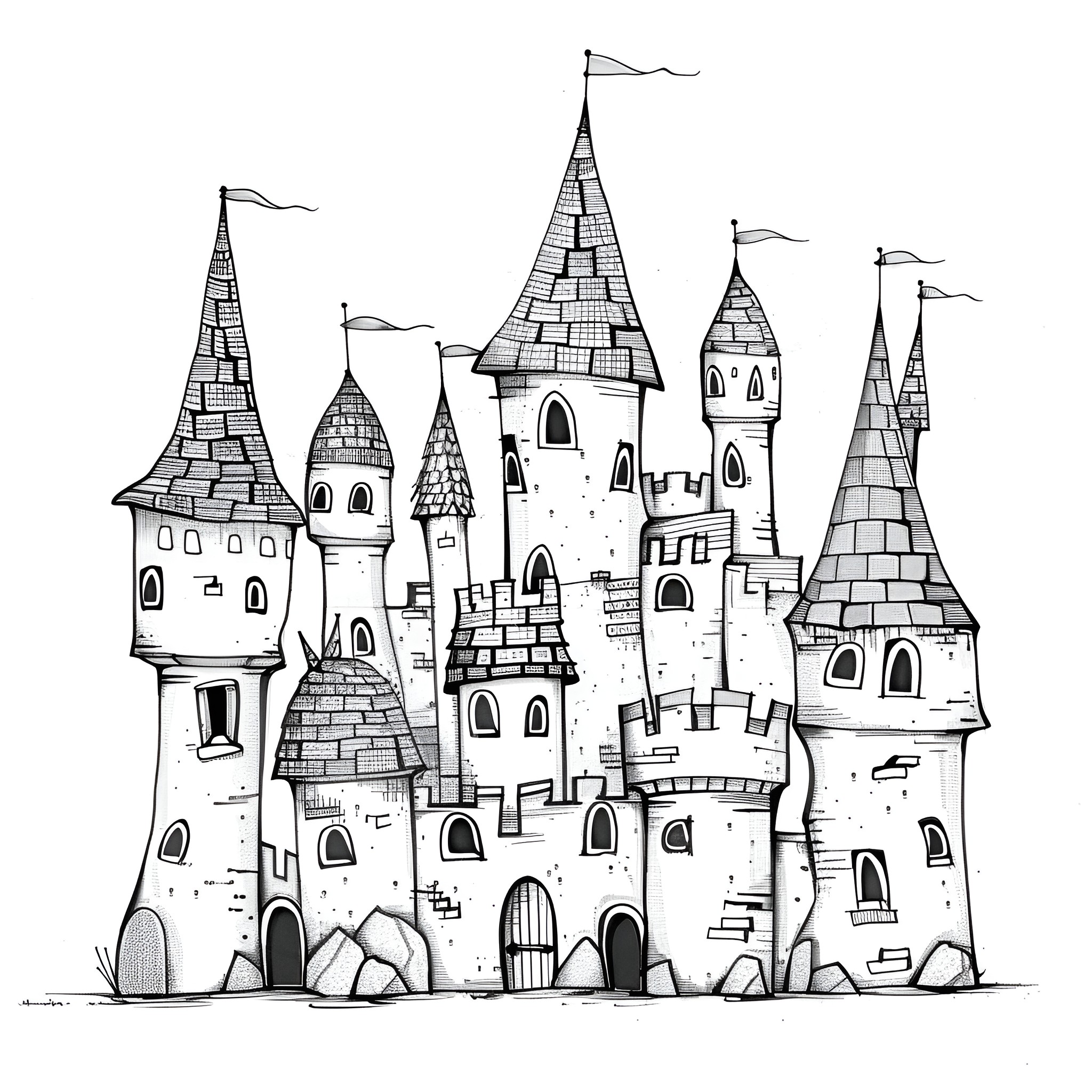 Creative Whimsical Fantasy Castle Illustration Drawing Idea (free black-and-white line drawing printable PDF for all, from beginners to advanced learners, including children, teens, adults, and seniors)