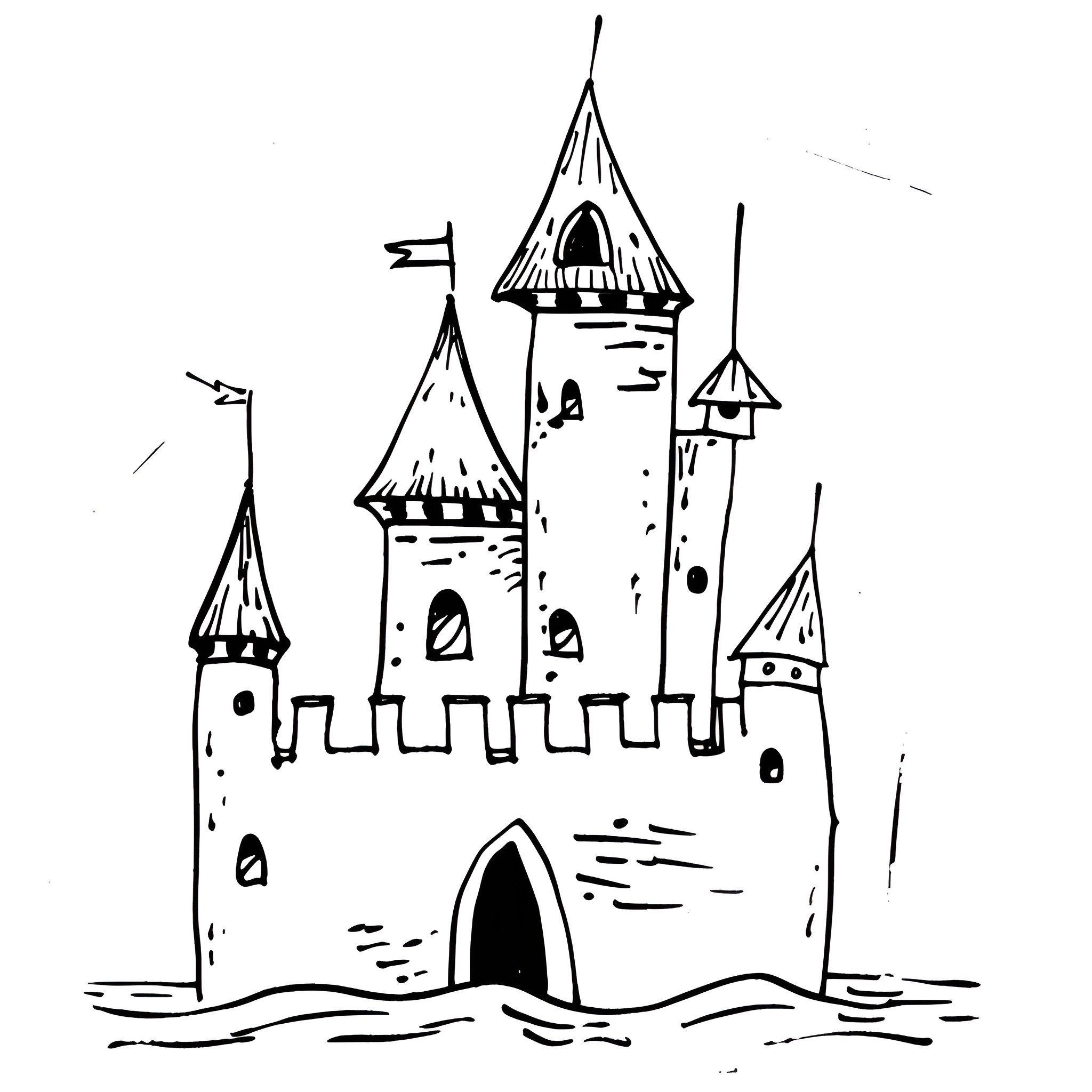 Creative Whimsical Castle Illustration Drawing Idea (free black-and-white line drawing printable PDF for all, from beginners to advanced learners, including children, teens, adults, and seniors)