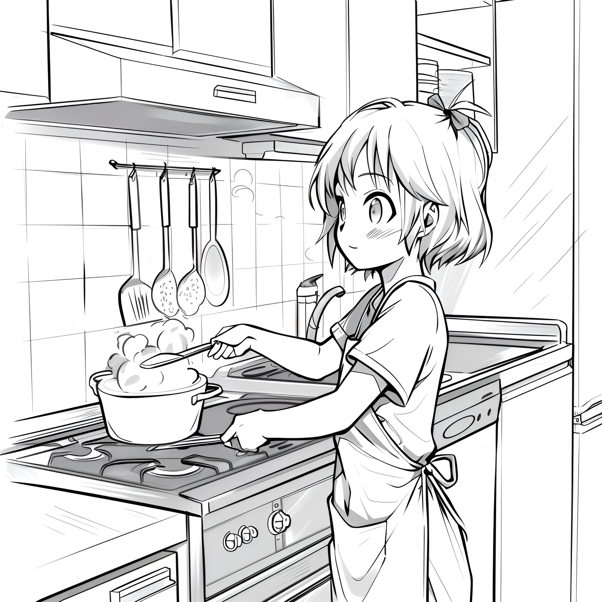 Anime girl cooking in kitchen Drawing Idea (free black-and-white line drawing printable PDF for all, from beginners to advanced learners, including children, teens, adults, and seniors)