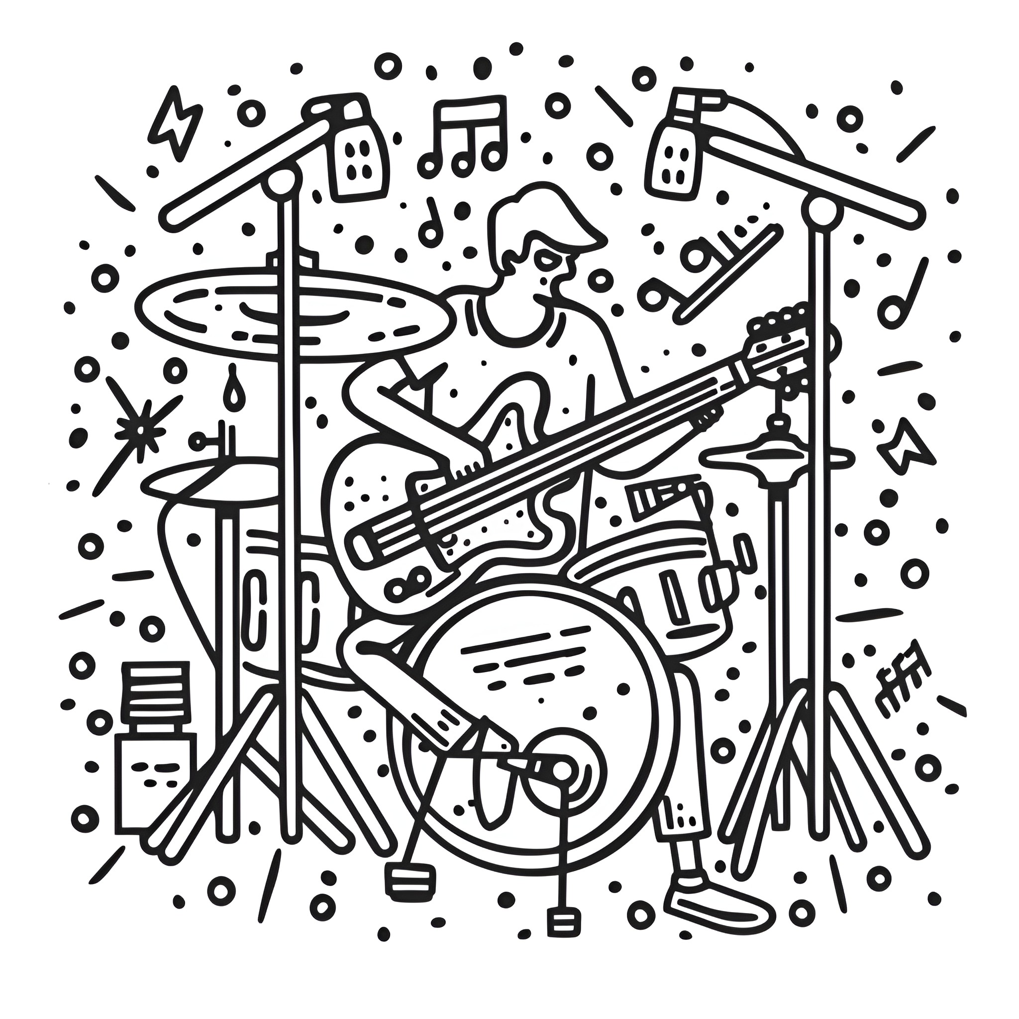 Creative Musician Drumming Joyfully on Stage Drawing Idea (free black-and-white line drawing printable PDF for all, from beginners to advanced learners, including children, teens, adults, and seniors)