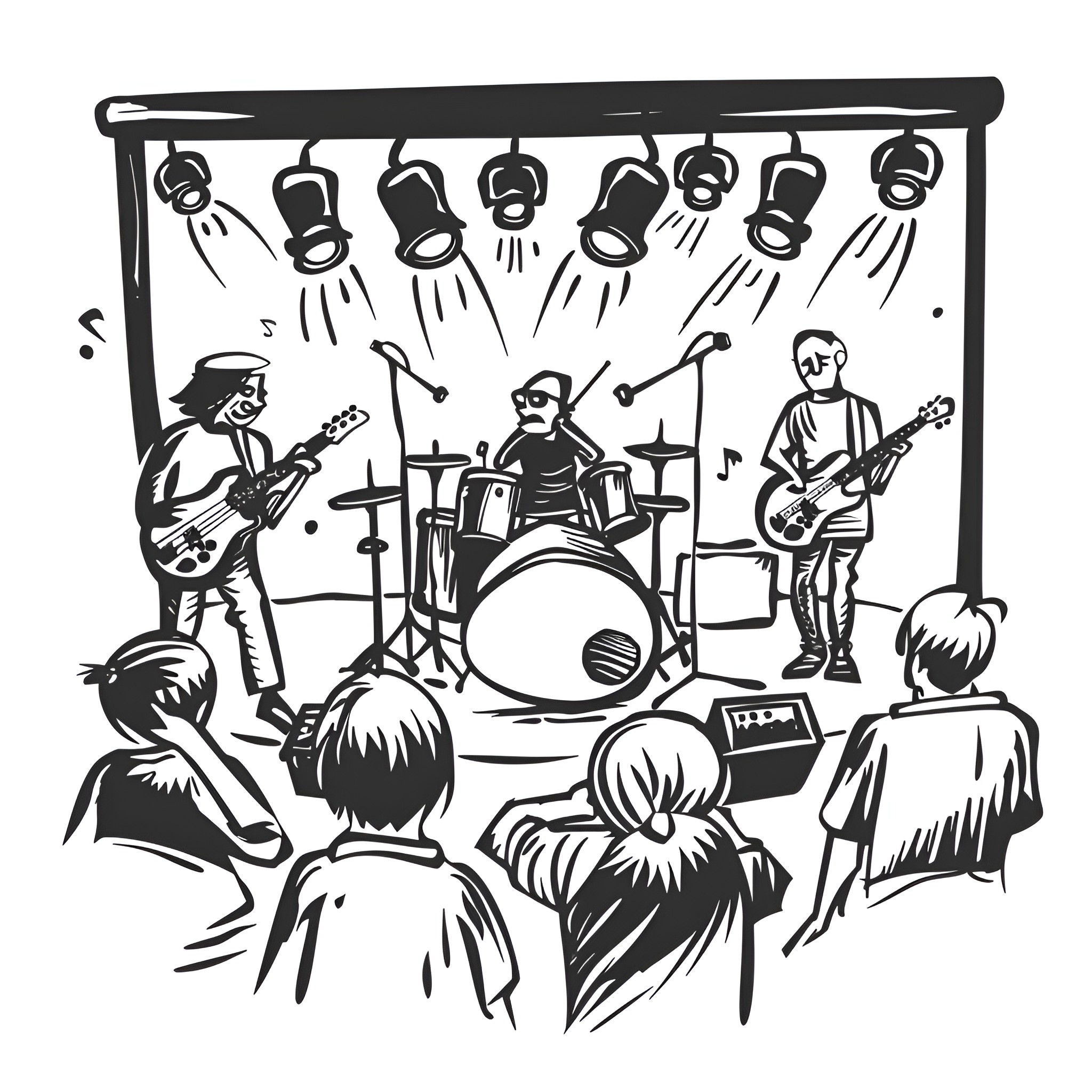 Creative musicians performing on stage Drawing Idea (free black-and-white line drawing printable PDF for all, from beginners to advanced learners, including children, teens, adults, and seniors)
