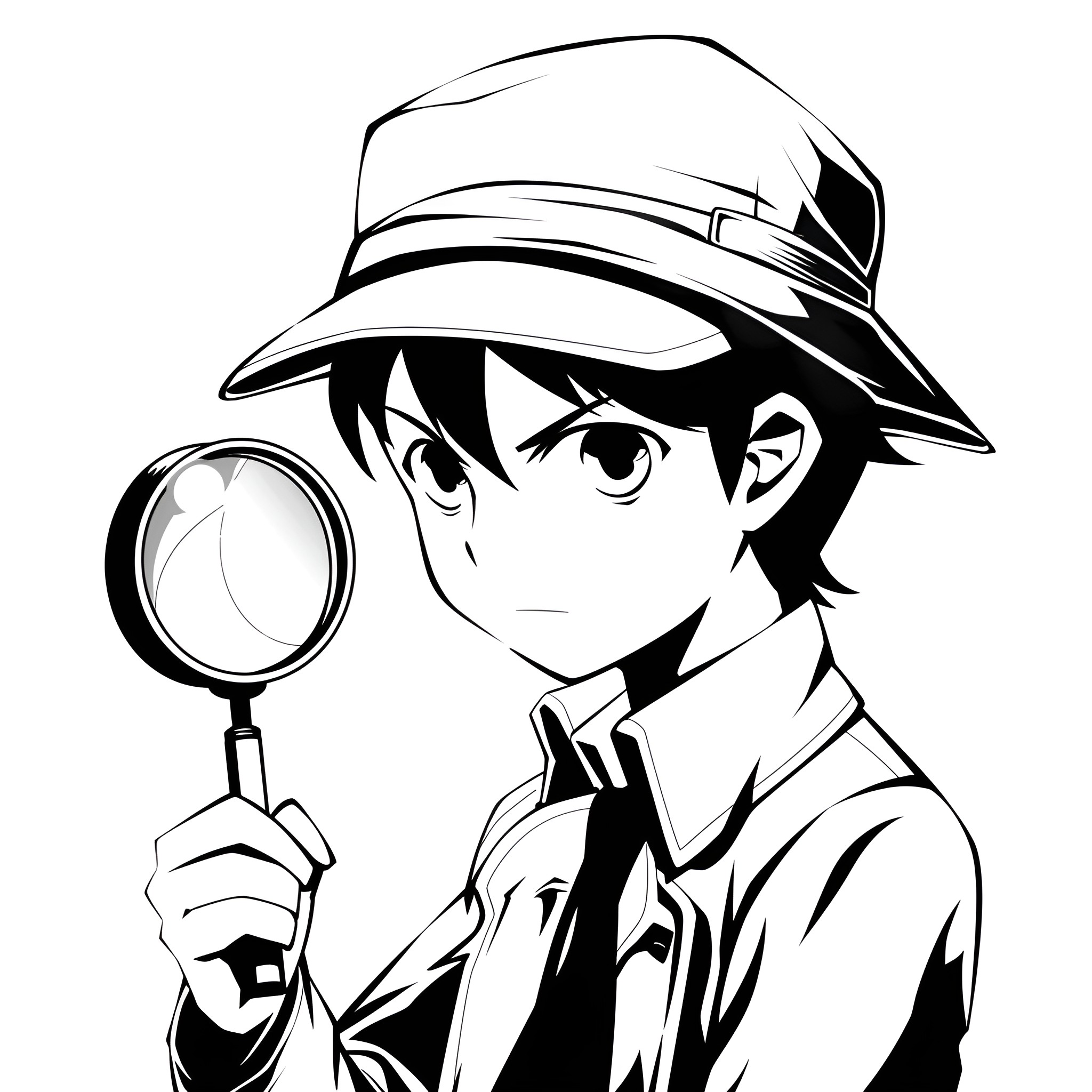Anime detective examines with magnifying glass Drawing Idea (free black-and-white line drawing printable PDF for all, from beginners to advanced learners, including children, teens, adults, and seniors)