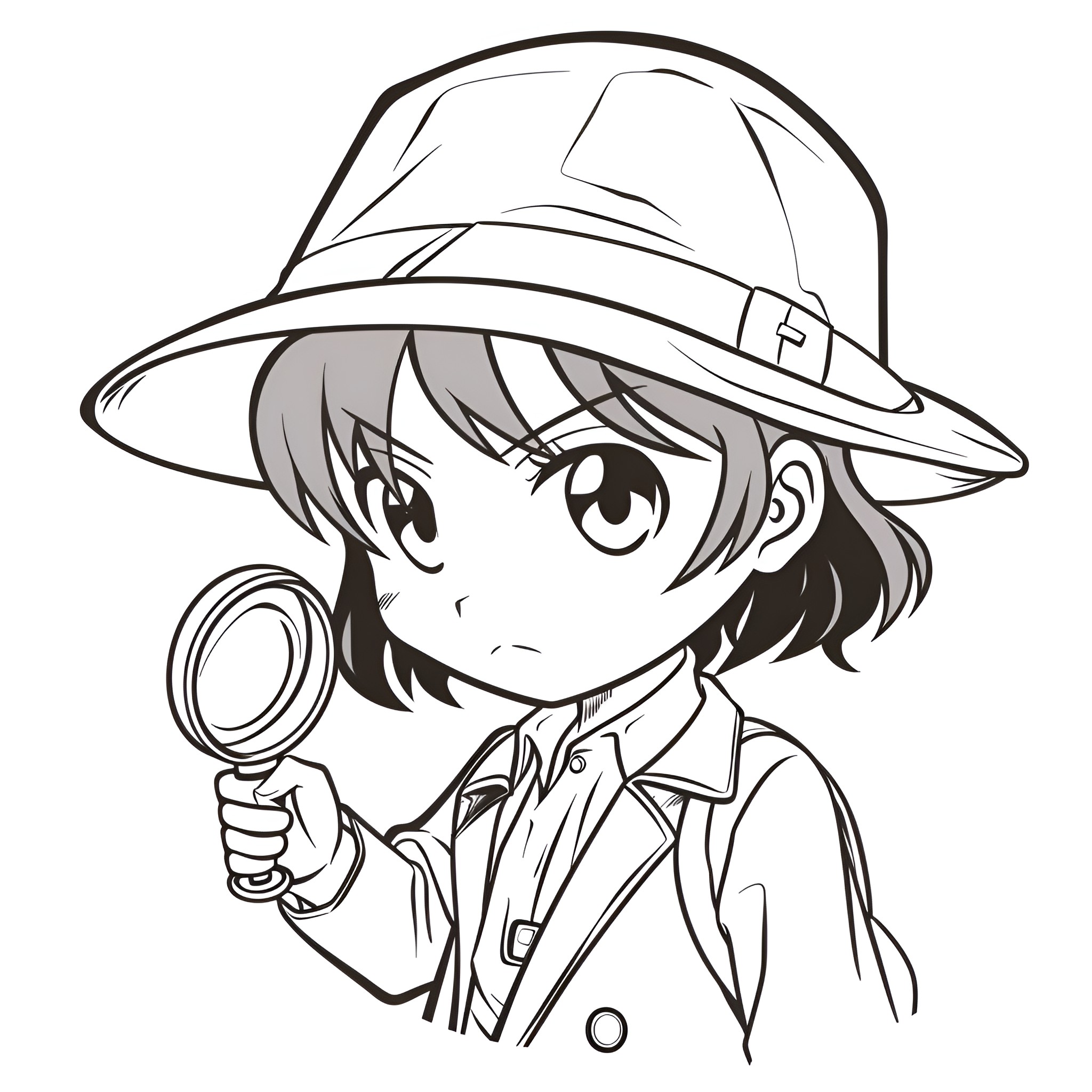 Anime detective in a trench coat Drawing Idea (free black-and-white line drawing printable PDF for all, from beginners to advanced learners, including children, teens, adults, and seniors)