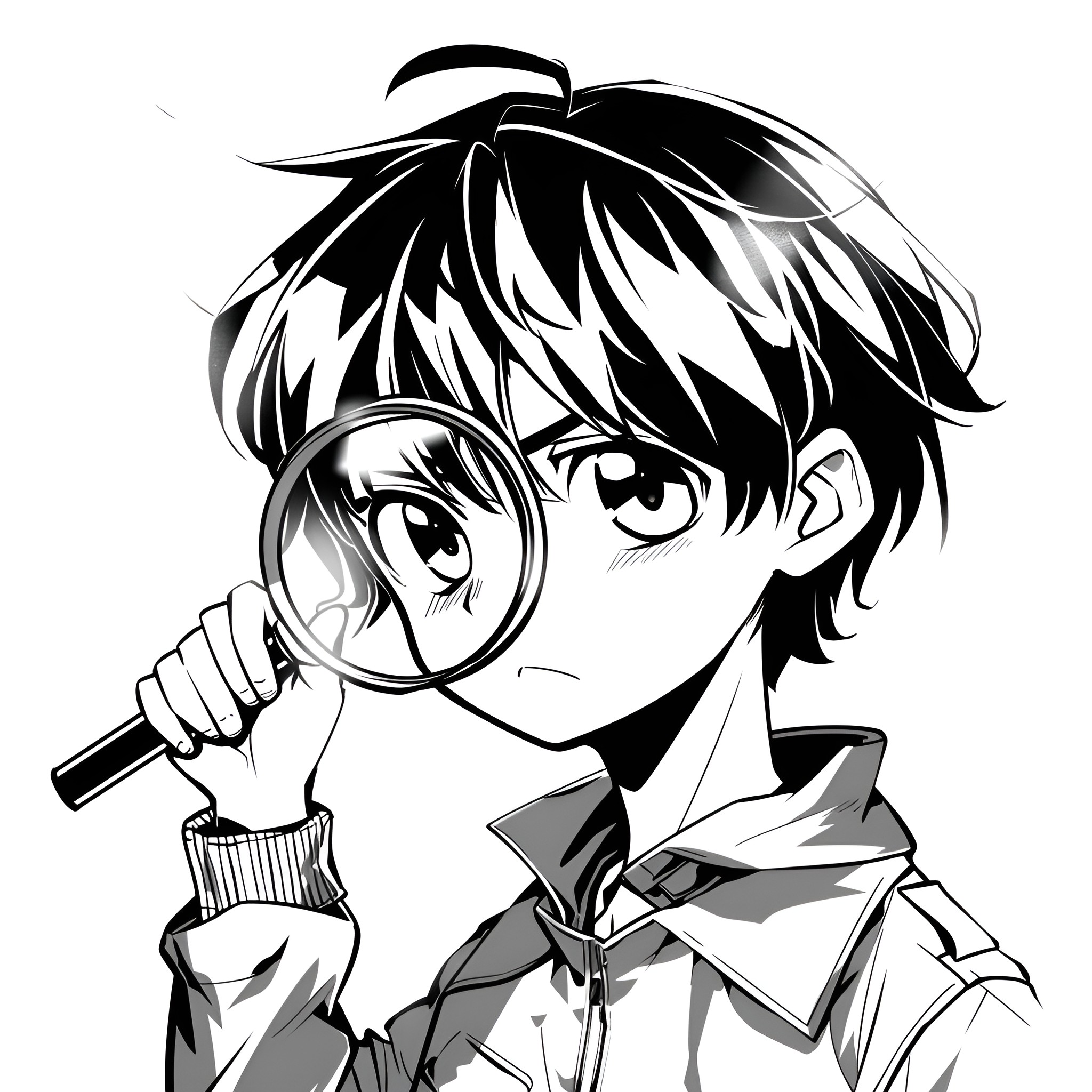 Anime character with curious expression Drawing Idea (free black-and-white line drawing printable PDF for all, from beginners to advanced learners, including children, teens, adults, and seniors)