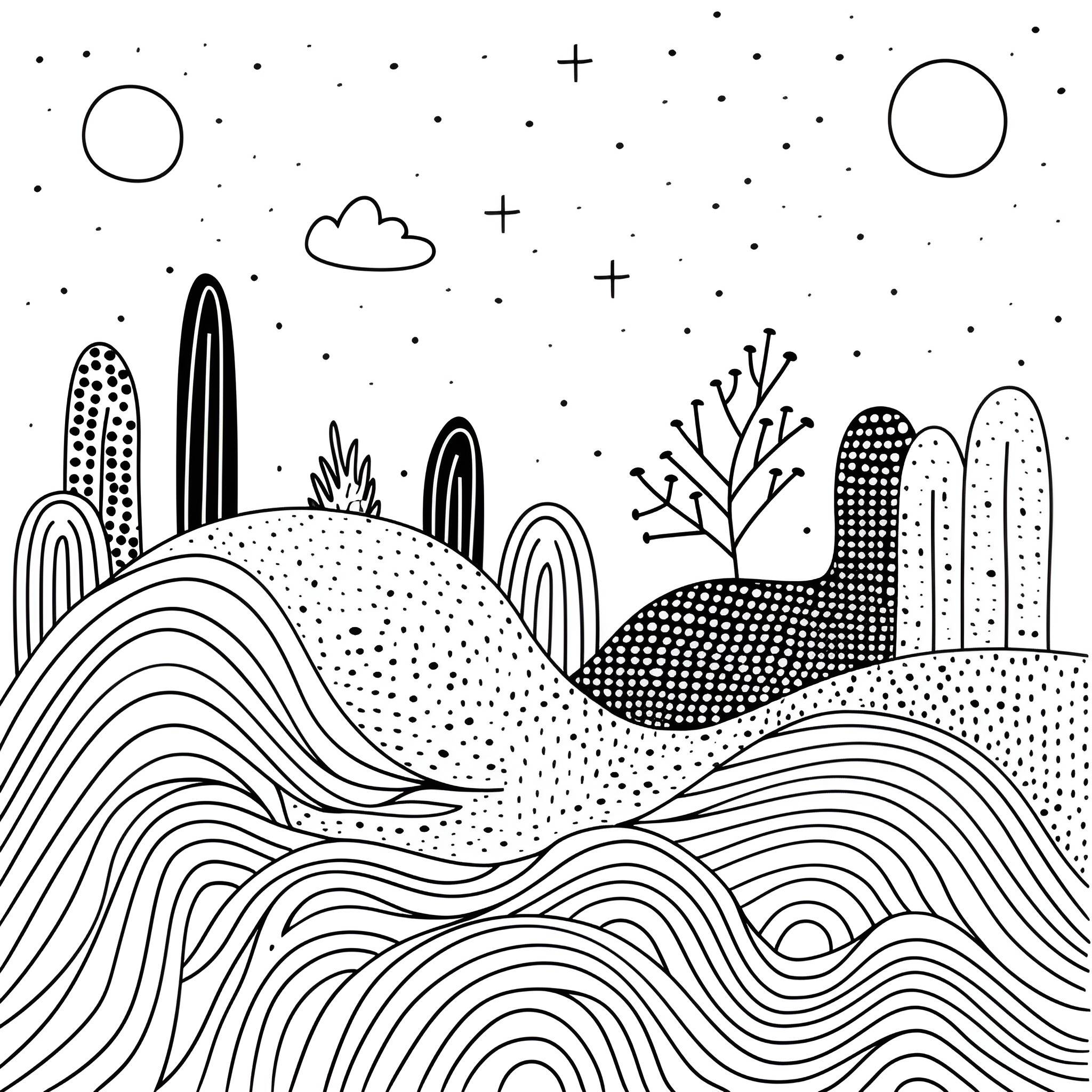 Abstract stylized landscape with rolling hills Drawing Idea (free black-and-white line drawing printable PDF for all, from beginners to advanced learners, including children, teens, adults, and seniors)