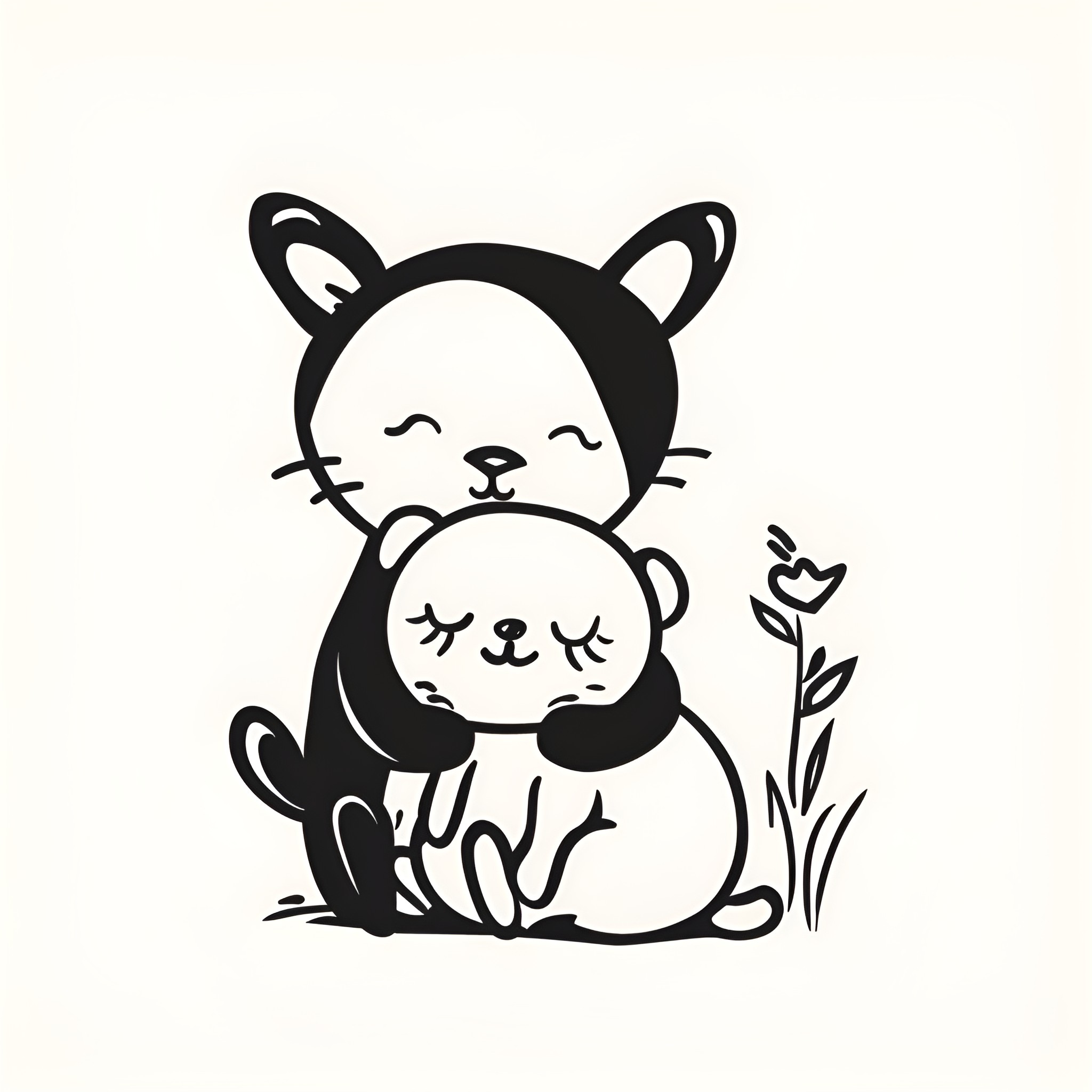 Creative Whimsical Cat and Kitten Illustration Drawing Idea (free black-and-white line drawing printable PDF for all, from beginners to advanced learners, including children, teens, adults, and seniors)