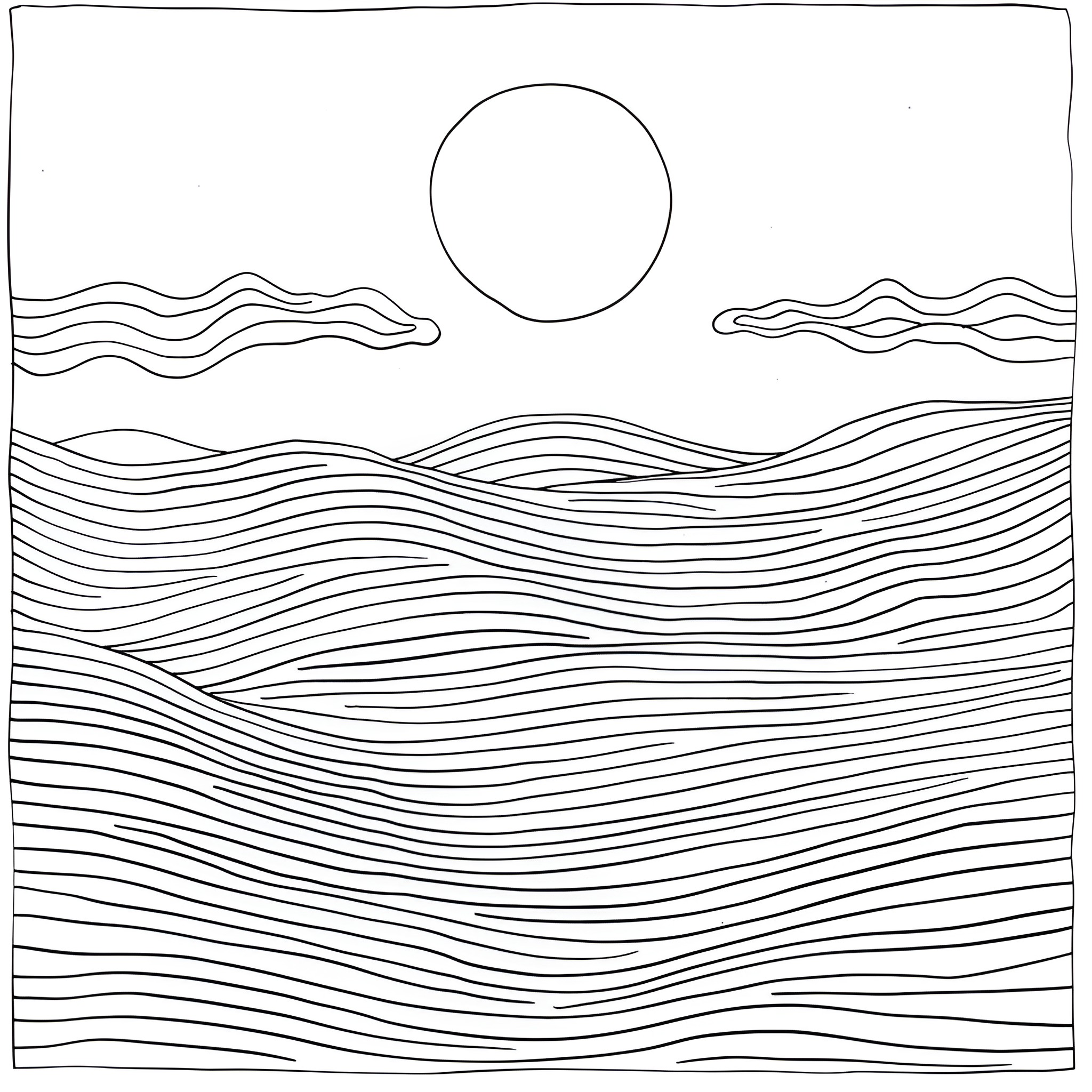 Abstract Landscape with Undulating Horizon Drawing Idea (free black-and-white line drawing printable PDF for all, from beginners to advanced learners, including children, teens, adults, and seniors)