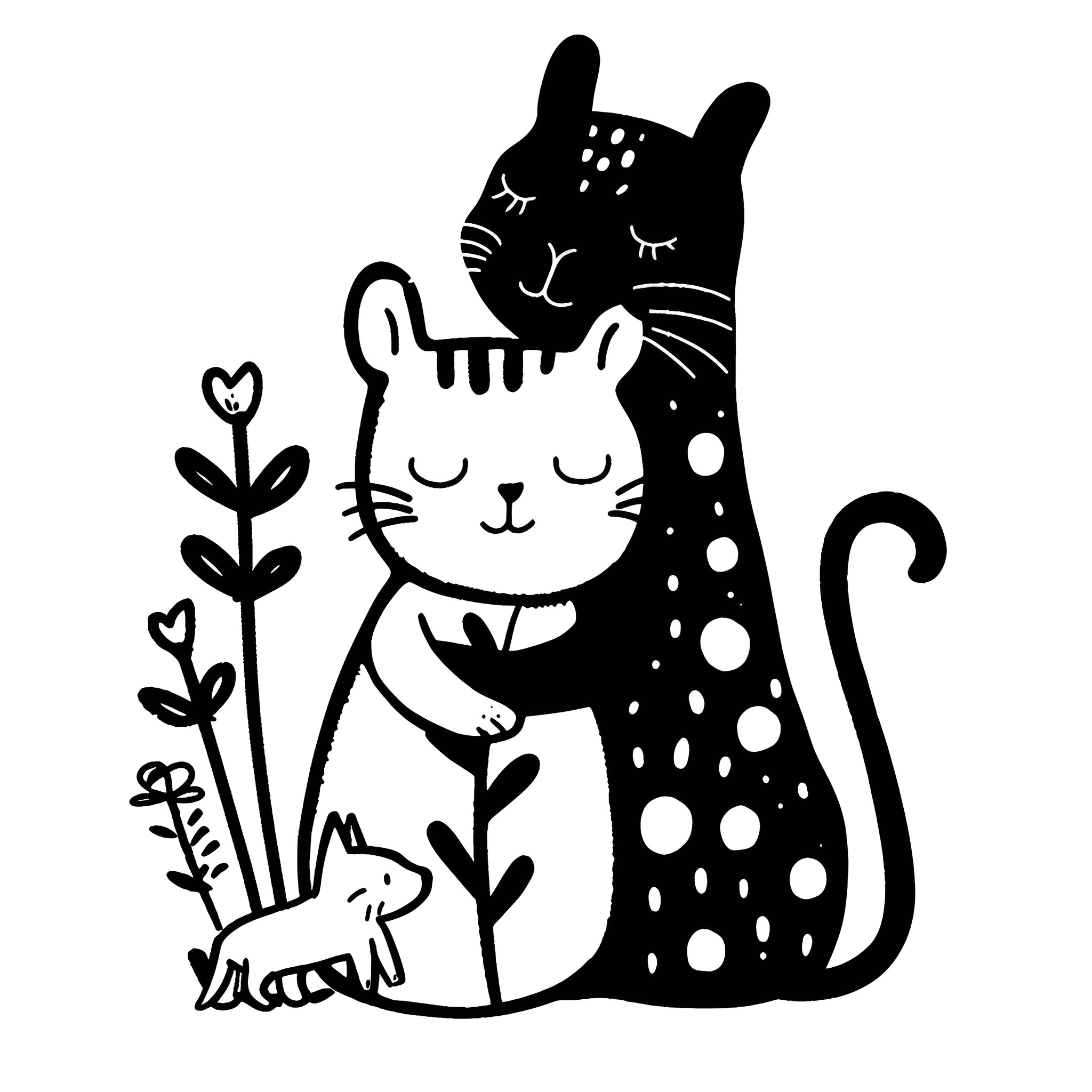 Creative Playful Cats in Whimsical Floral Scene Drawing Idea (free black-and-white line drawing printable PDF for all, from beginners to advanced learners, including children, teens, adults, and seniors)