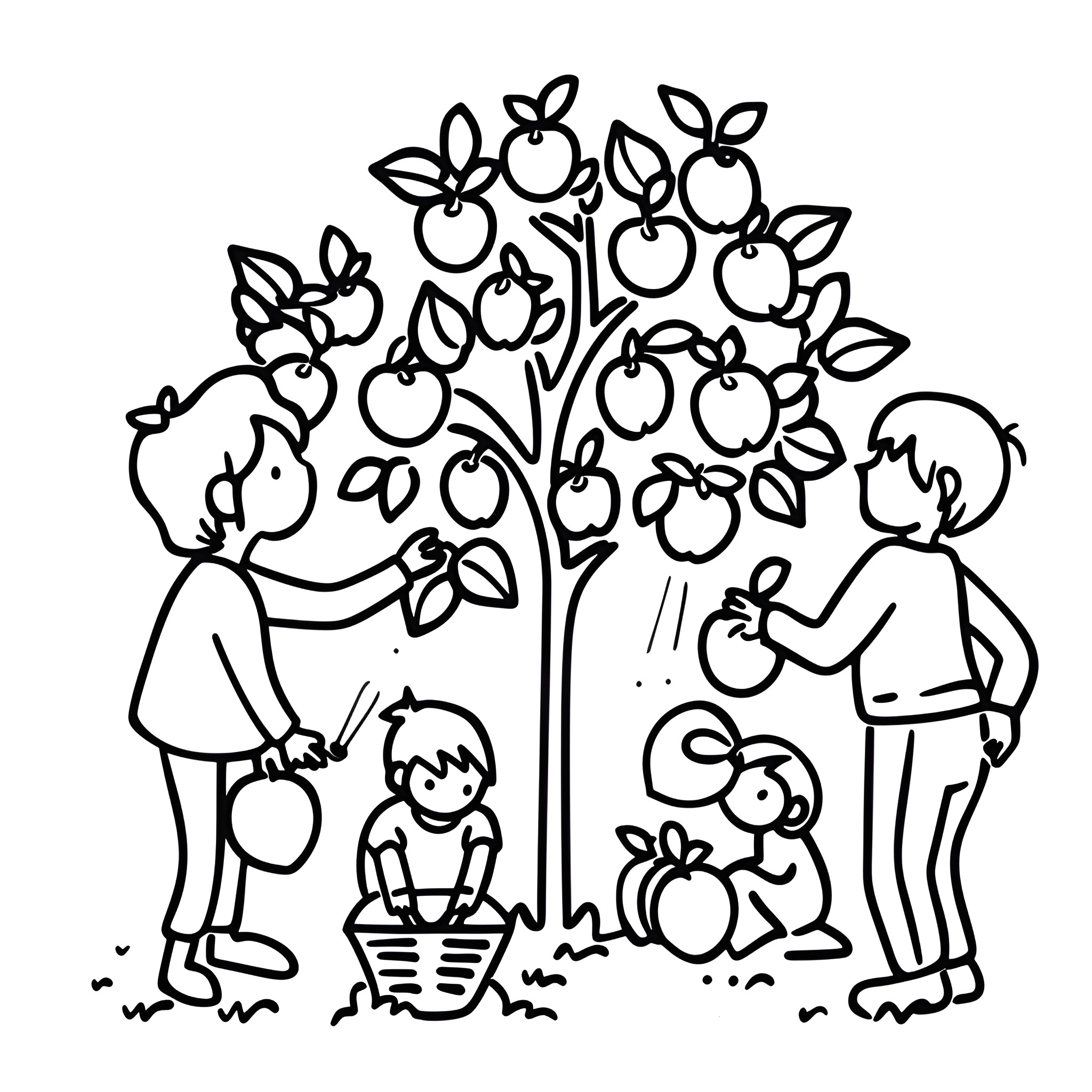 Fall Season Family Picking Apples Drawing Idea (free black-and-white line drawing printable PDF for all, from beginners to advanced learners, including children, teens, adults, and seniors)