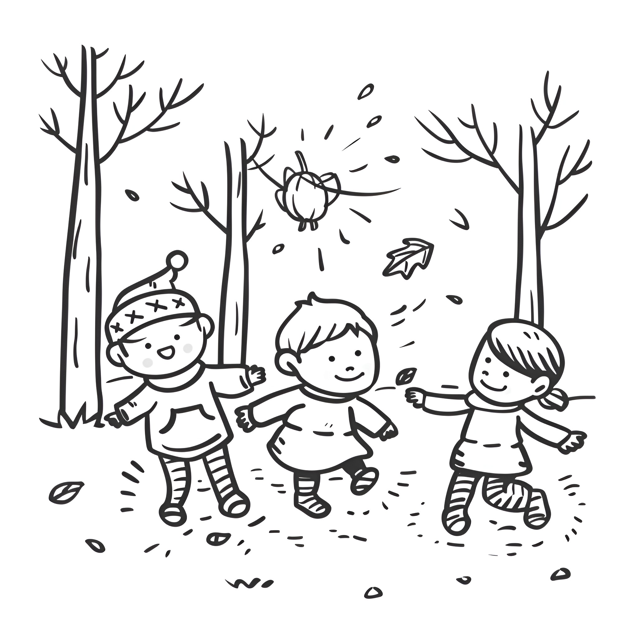Fall Season Children Playing in the Woods Drawing Idea (free black-and-white line drawing printable PDF for all, from beginners to advanced learners, including children, teens, adults, and seniors)