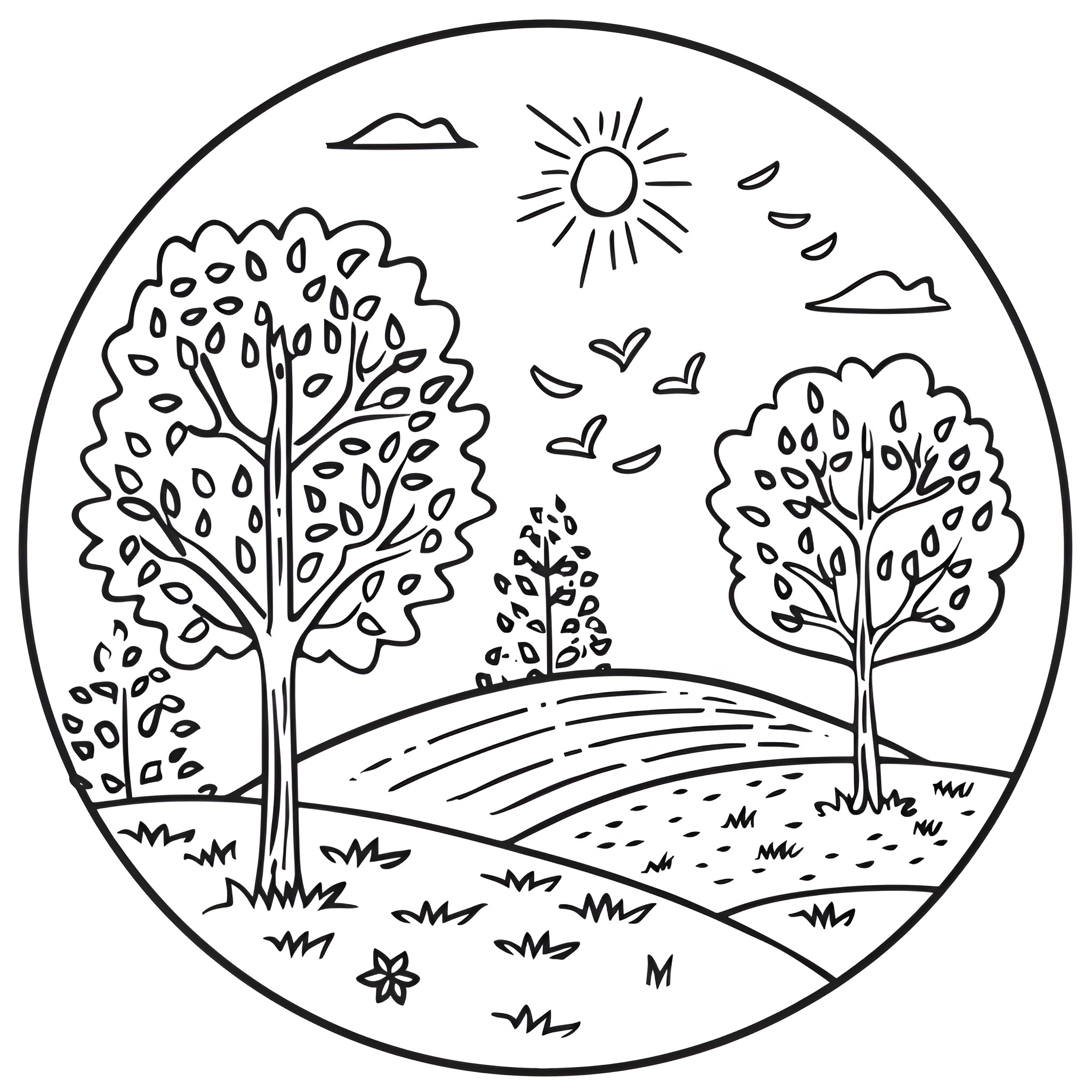 Fall Season Scenic Landscape with Trees Drawing Idea (free black-and-white line drawing printable PDF for all, from beginners to advanced learners, including children, teens, adults, and seniors)