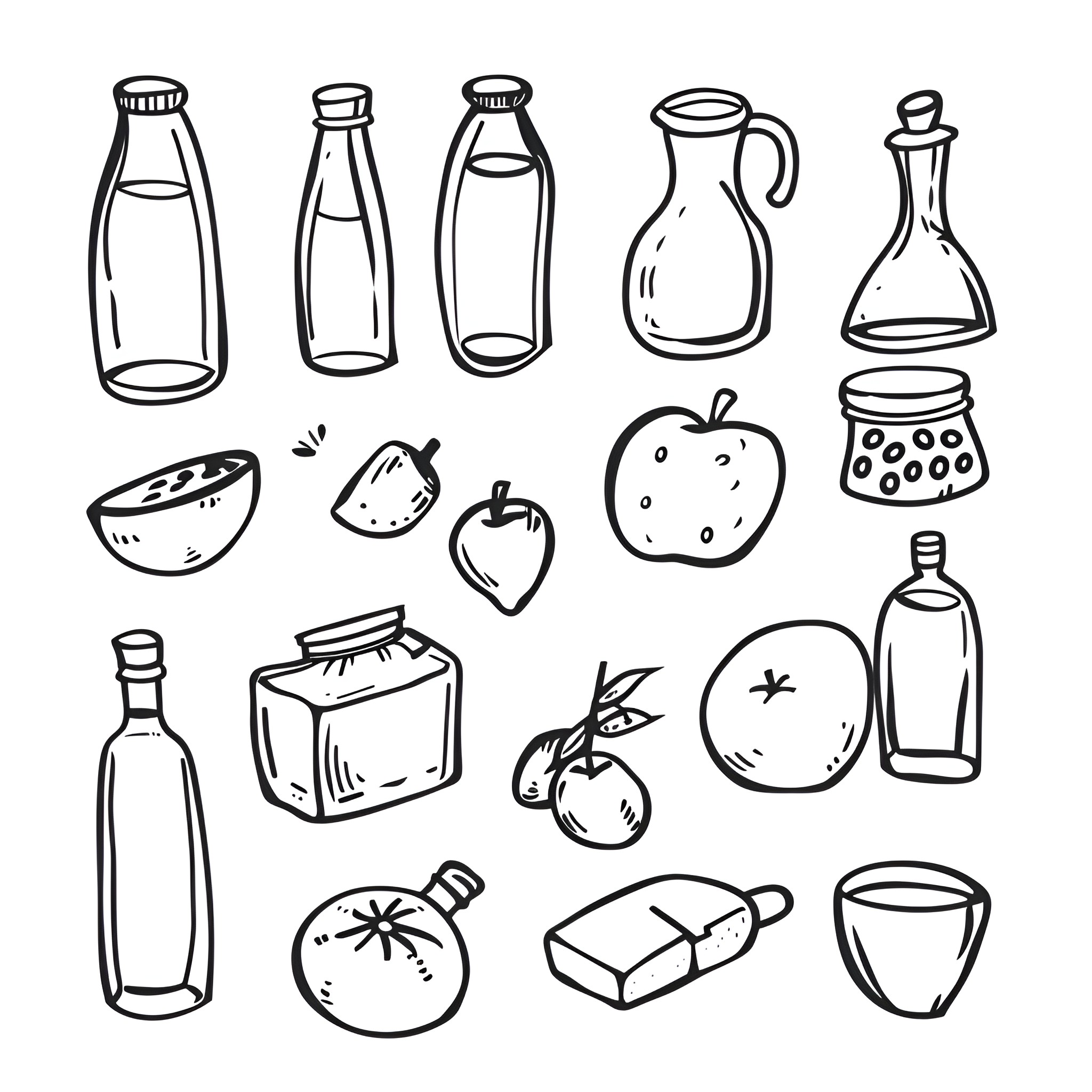 Small Assortment of Cooking Utensils and Ingredients Drawing Idea (free black-and-white line drawing printable PDF for all, from beginners to advanced learners, including children, teens, adults, and seniors)