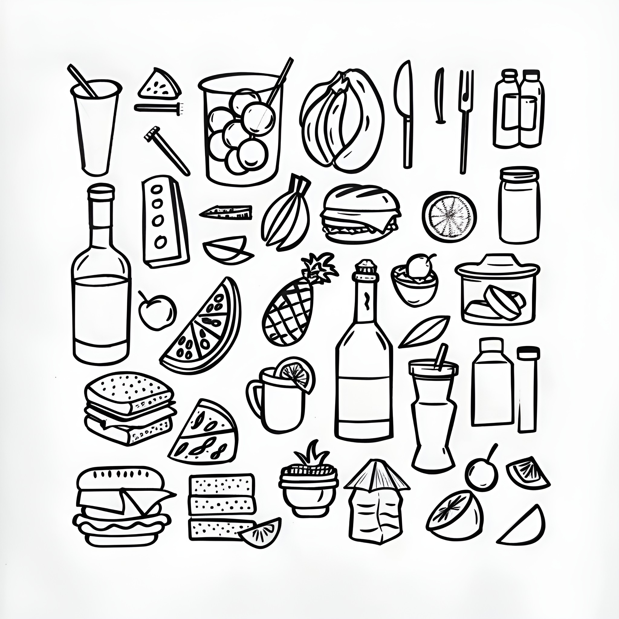Small food and beverage icons Drawing Idea (free black-and-white line drawing printable PDF for all, from beginners to advanced learners, including children, teens, adults, and seniors)