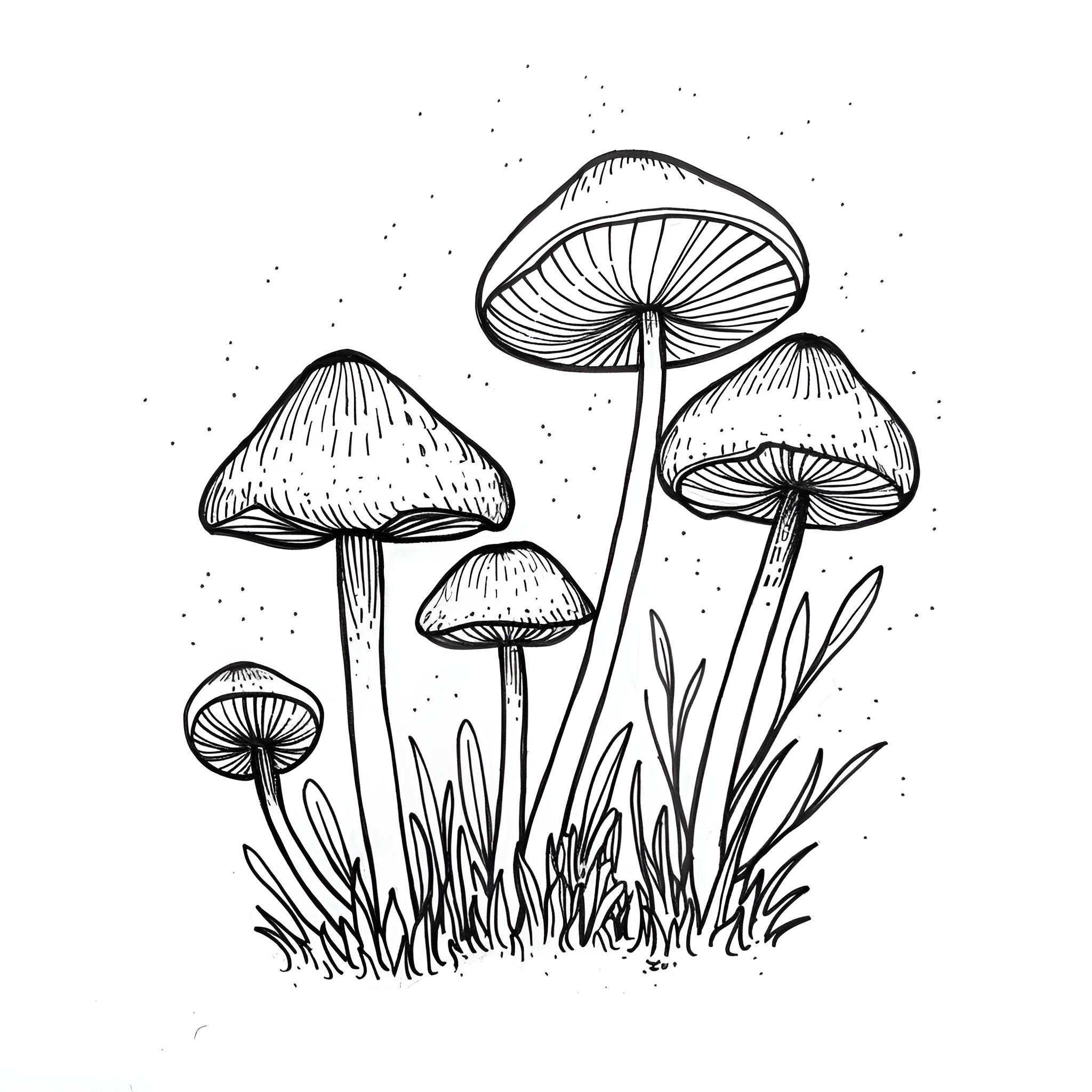 Mushrooms growing in the forest Drawing Idea (free black-and-white line drawing printable PDF for all, from beginners to advanced learners, including children, teens, adults, and seniors)