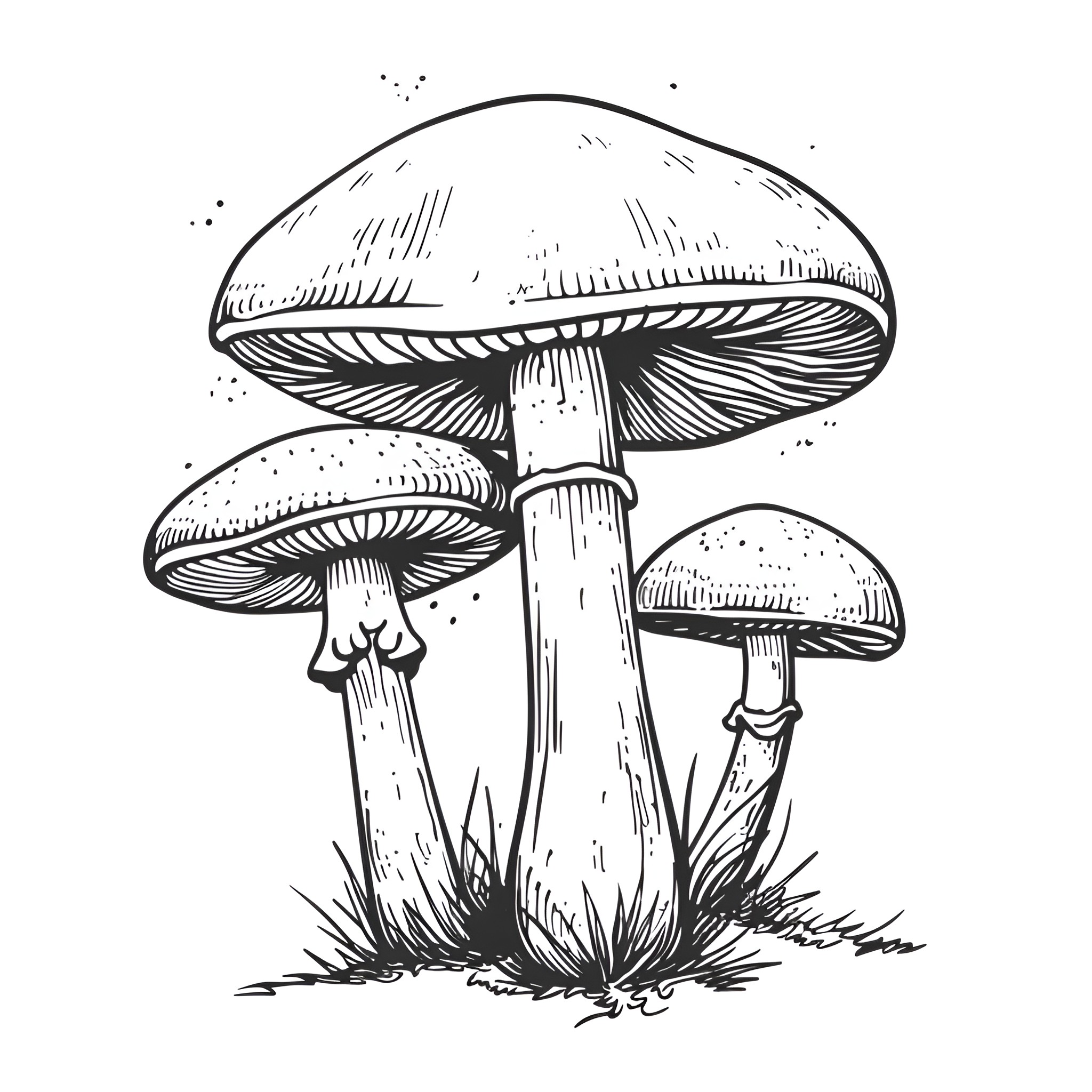 Mushrooms growing in the wild Drawing Idea (free black-and-white line drawing printable PDF for all, from beginners to advanced learners, including children, teens, adults, and seniors)