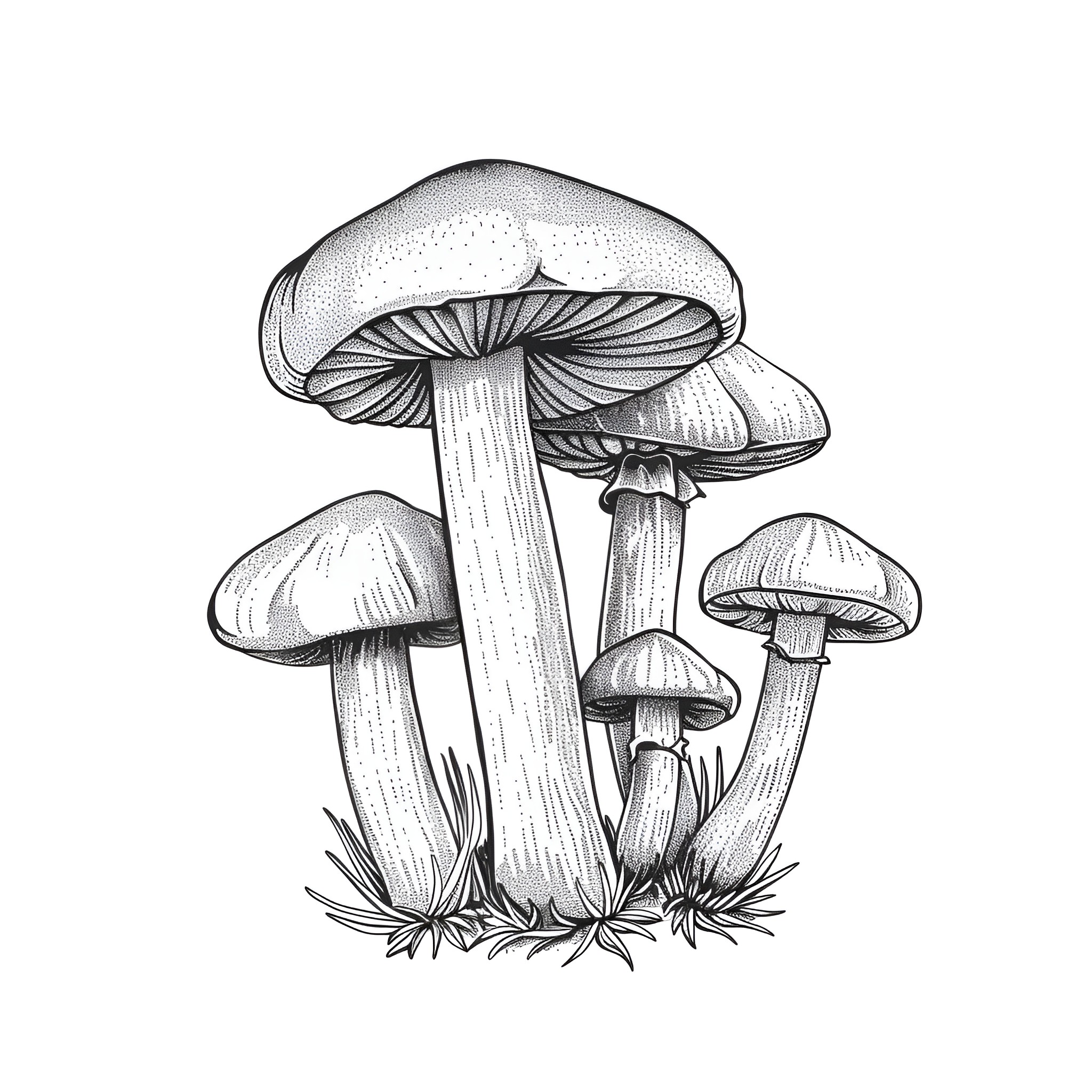 Mushrooms growing in the wild Drawing Idea (free black-and-white line drawing printable PDF for all, from beginners to advanced learners, including children, teens, adults, and seniors)