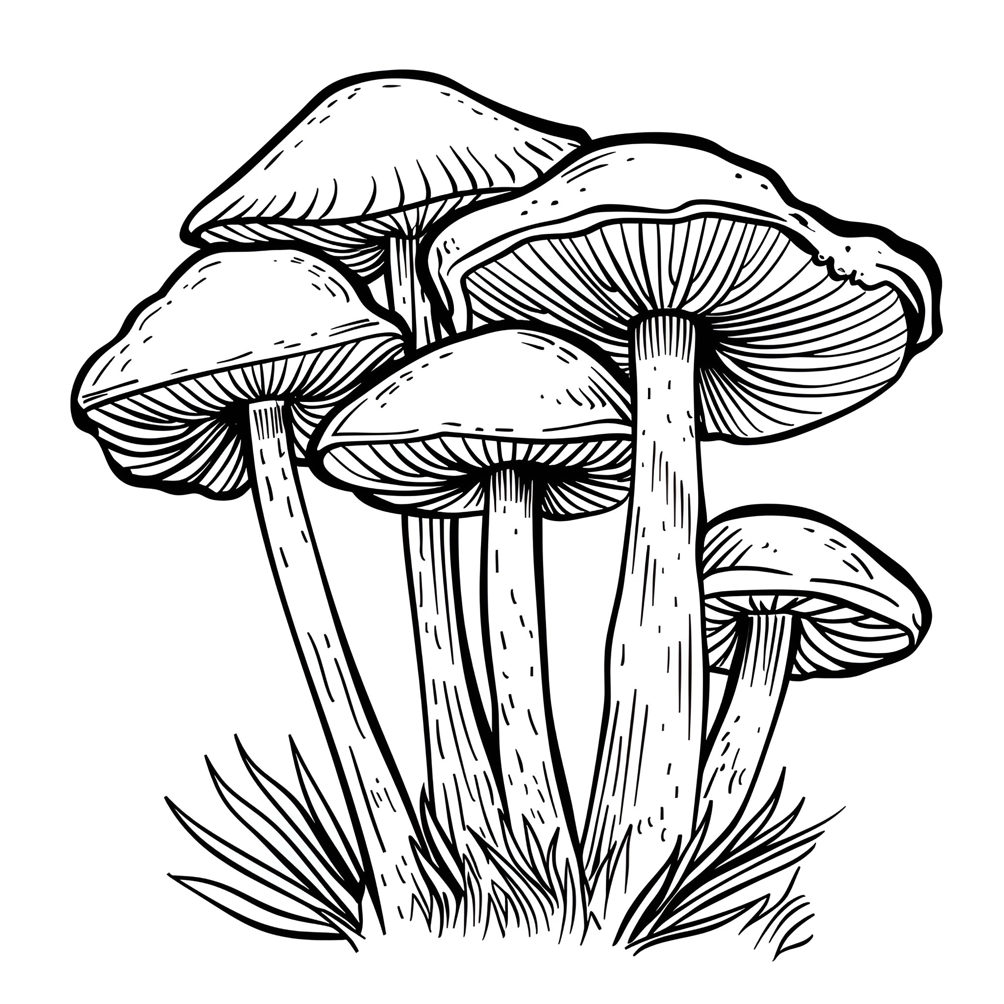 Mushrooms growing in the wild Drawing Idea (free black-and-white line drawing printable PDF for all, from beginners to advanced learners, including children, teens, adults, and seniors)